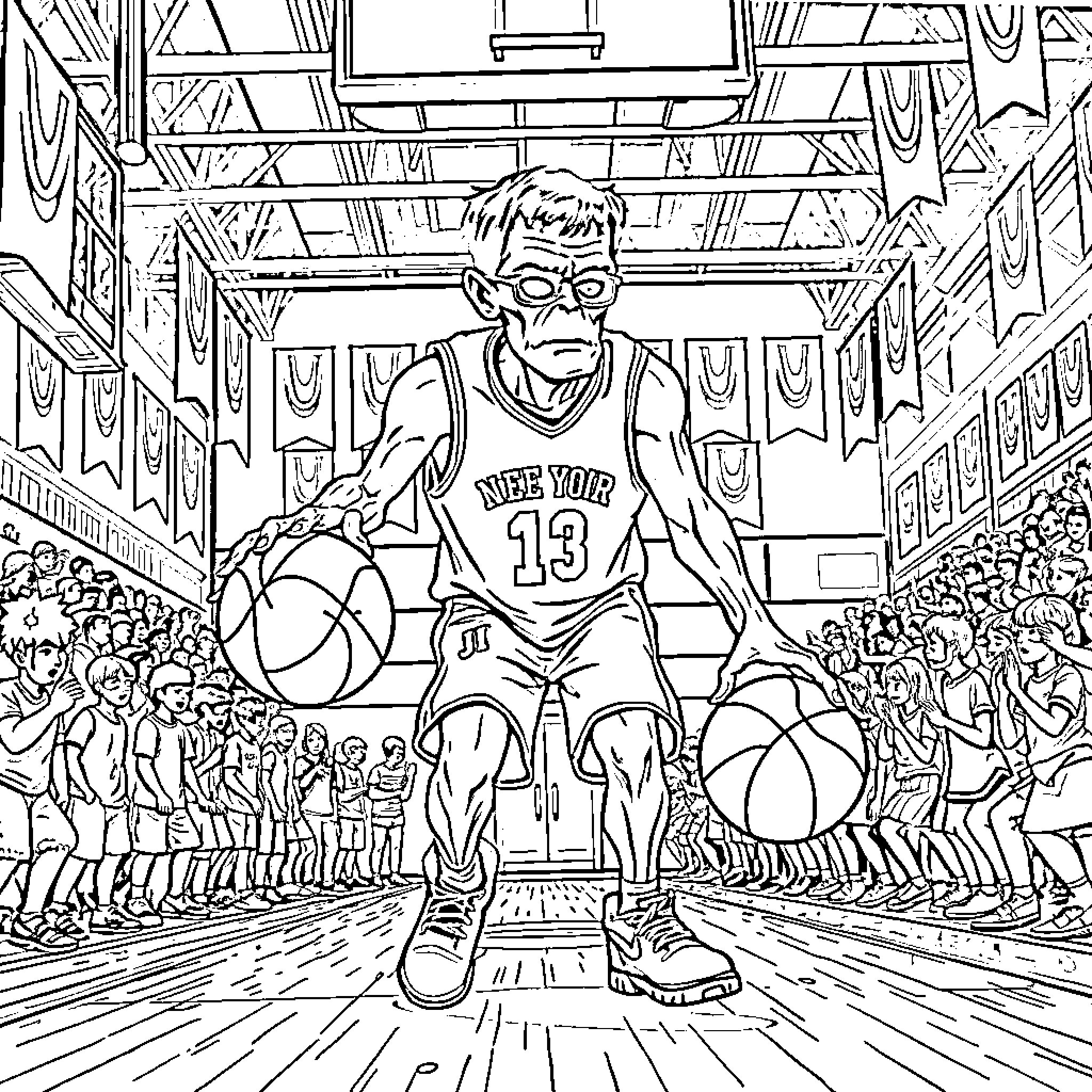 Frankenstein's Basketball Hero Dominates the Court Coloring Page (free black-and-white line drawing printable PDF for all, from beginners to advanced learners, including children, teens, adults, and seniors)