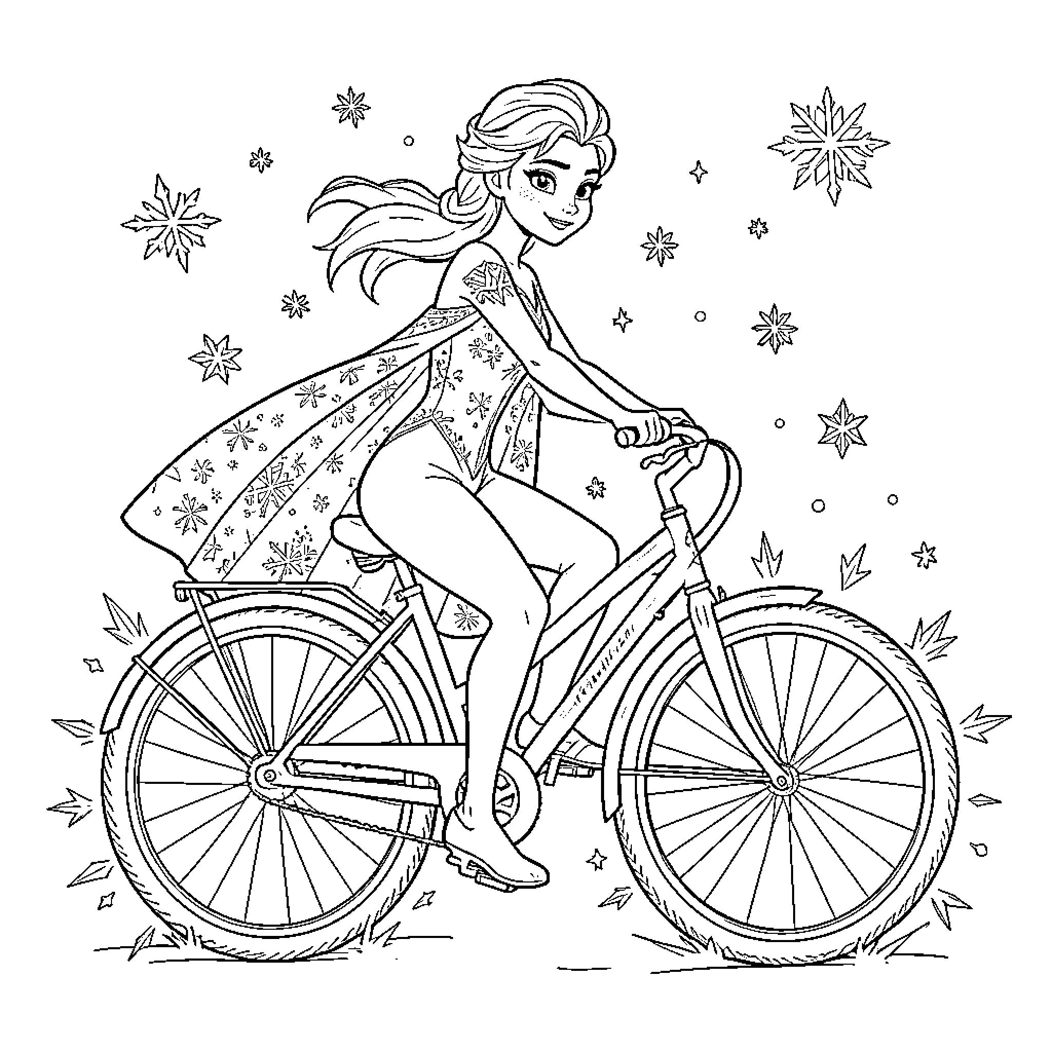 Elsa's Snowy Bicycle Adventure Coloring Page (free black-and-white line drawing printable PDF for all, from beginners to advanced learners, including children, teens, adults, and seniors)