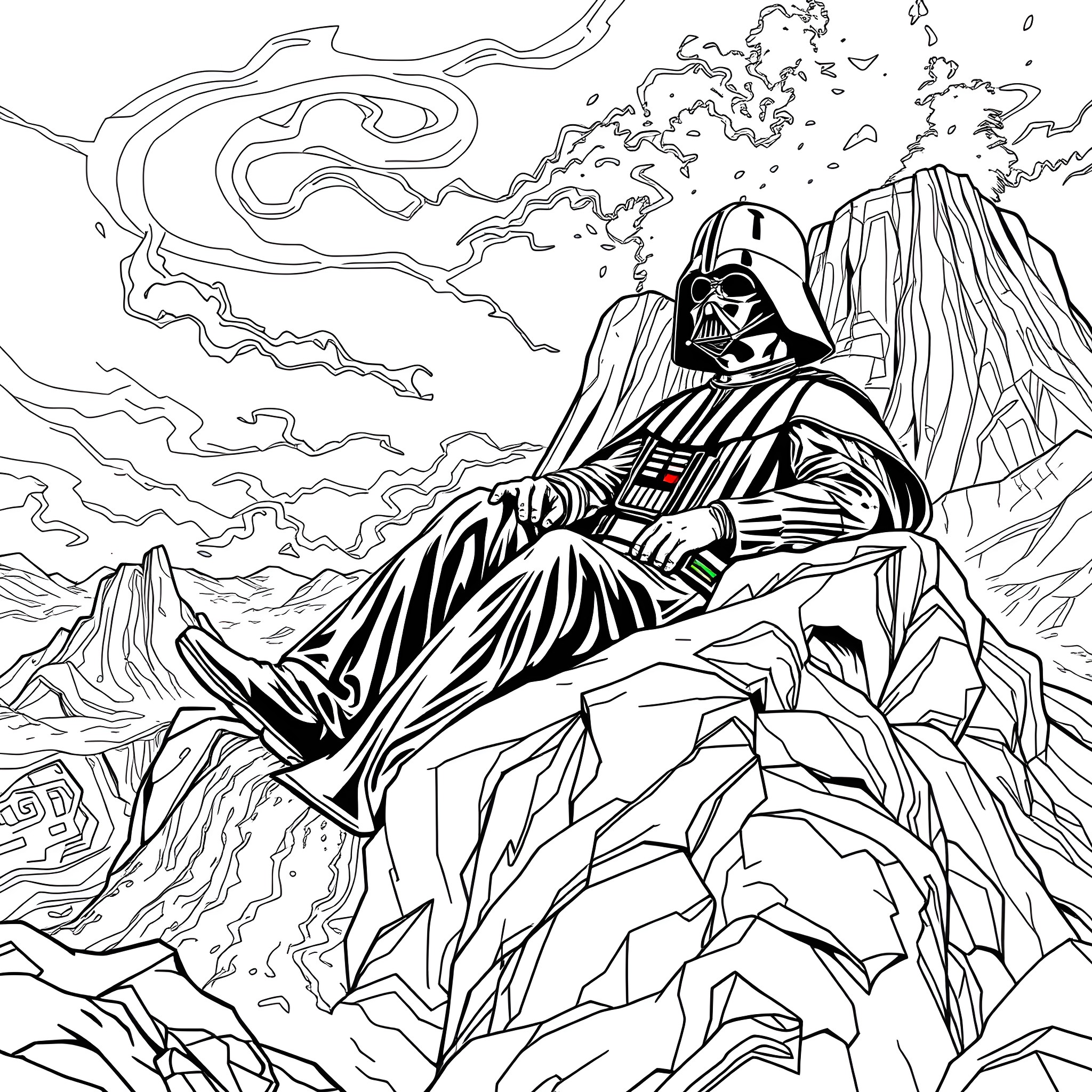 Darth Vader, Dark Lord of the Sith, stands tall in the midst of a turbulent landscape Coloring Page (free black-and-white line drawing printable PDF for all, from beginners to advanced learners, including children, teens, adults, and seniors)