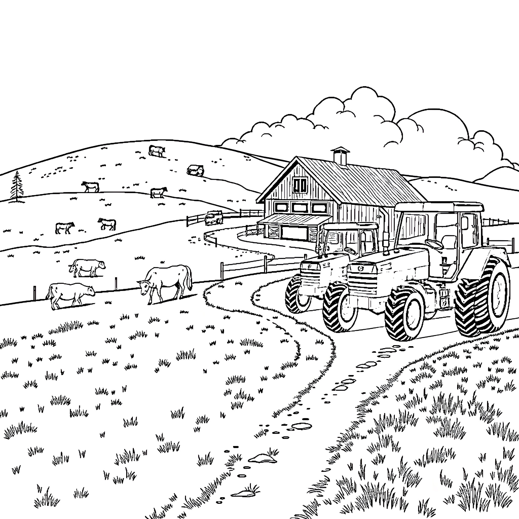 Farm Machinery Working in Pastoral Landscape Coloring Page (free black-and-white line drawing printable PDF for all, from beginners to advanced learners, including children, teens, adults, and seniors)