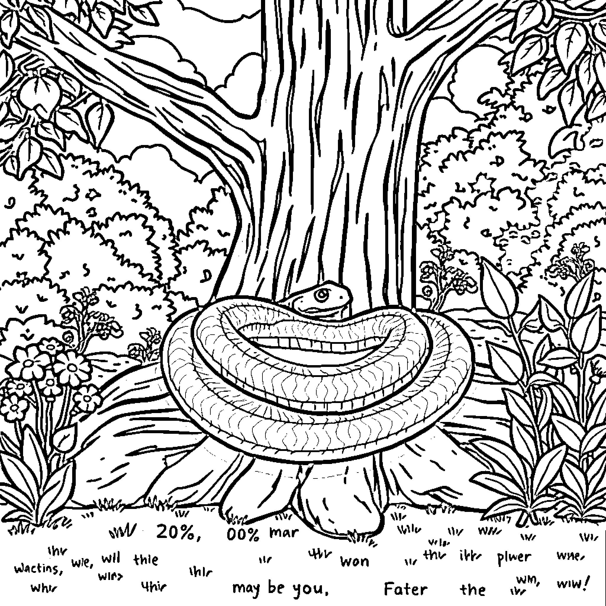 Snake slithering through the vibrant forest Coloring Page (free black-and-white line drawing printable PDF for all, from beginners to advanced learners, including children, teens, adults, and seniors)