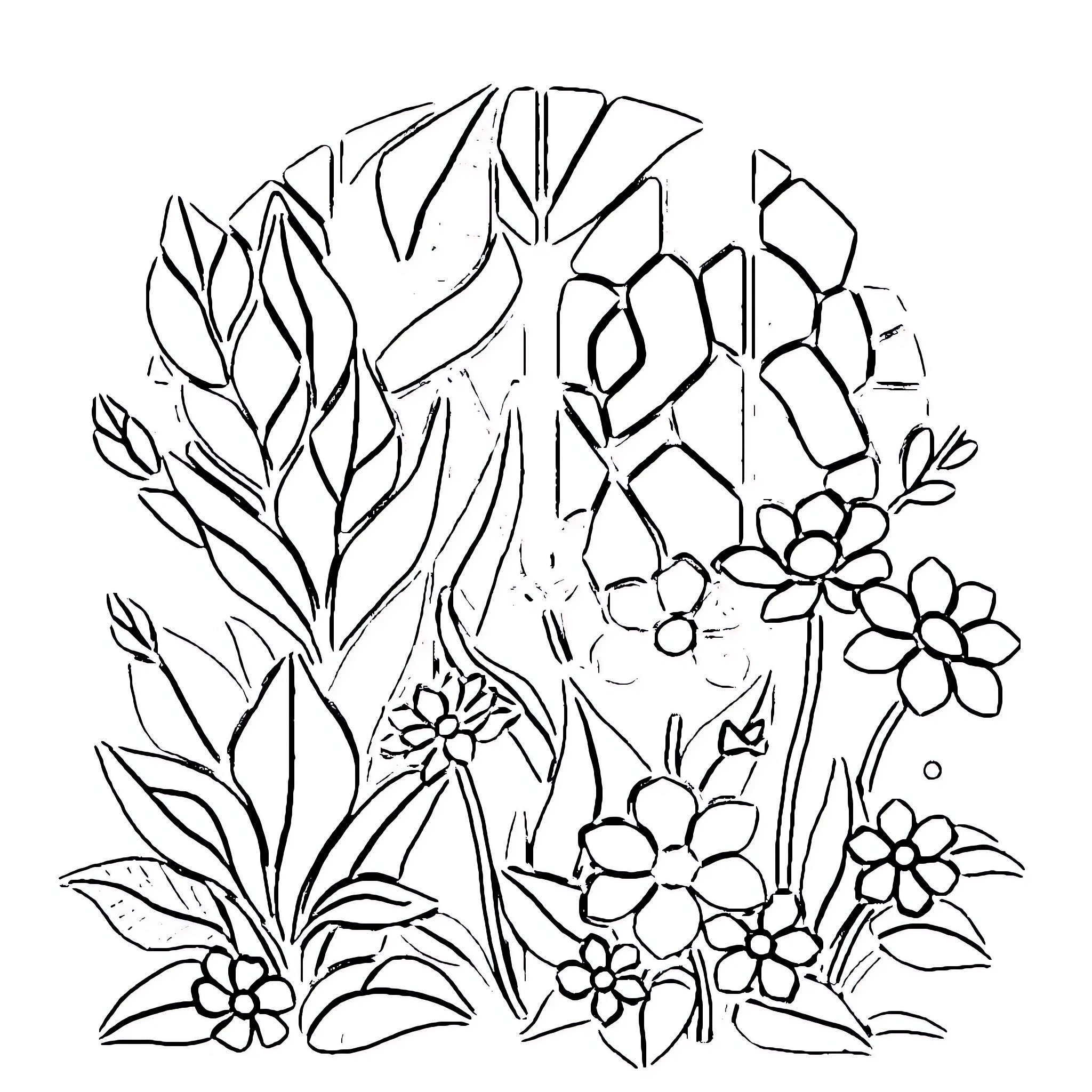Plant with diverse flora and natural elements Coloring Page (free black-and-white line drawing printable PDF for all, from beginners to advanced learners, including children, teens, adults, and seniors)