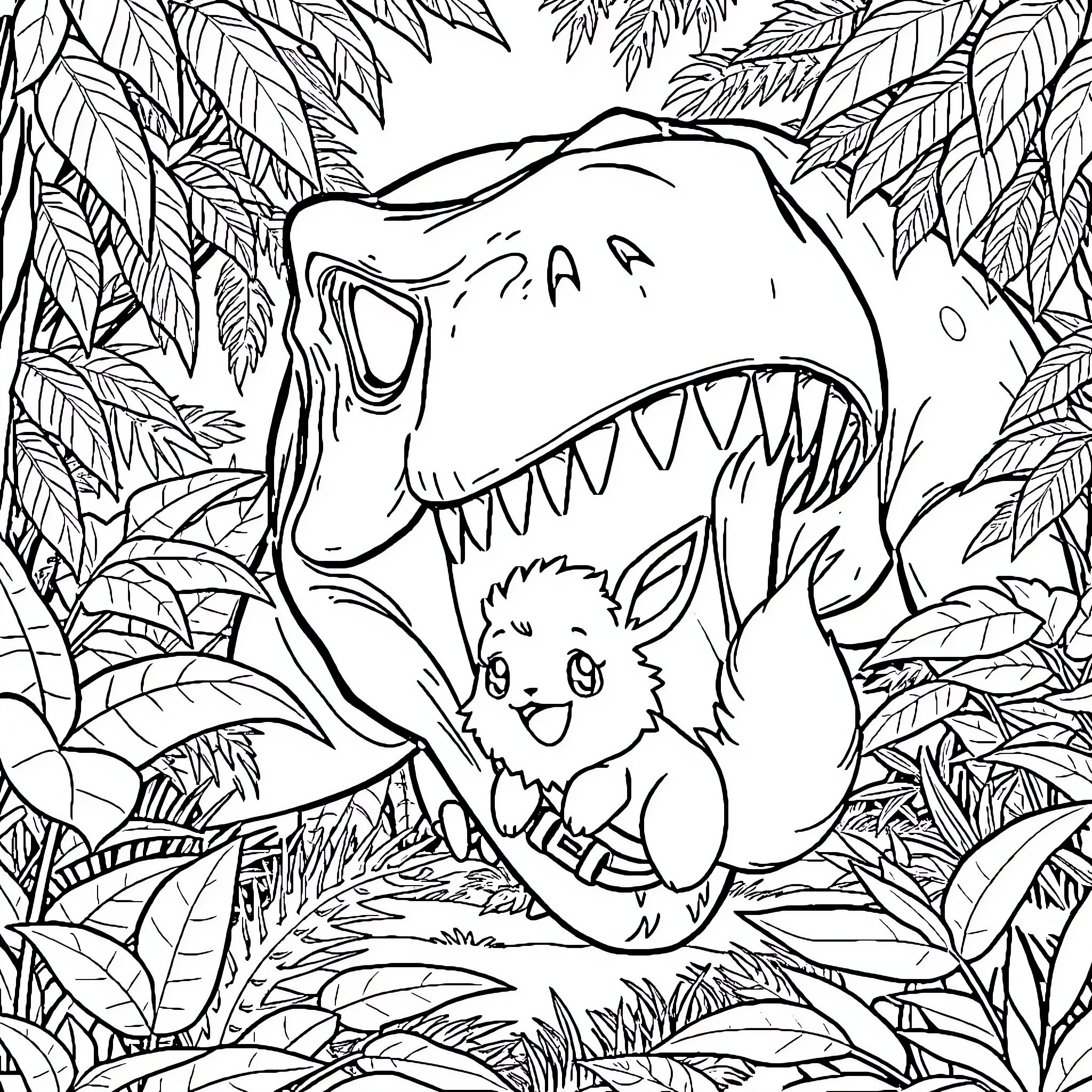 Eevee exploring the prehistoric jungle Coloring Page (free black-and-white line drawing printable PDF for all, from beginners to advanced learners, including children, teens, adults, and seniors)