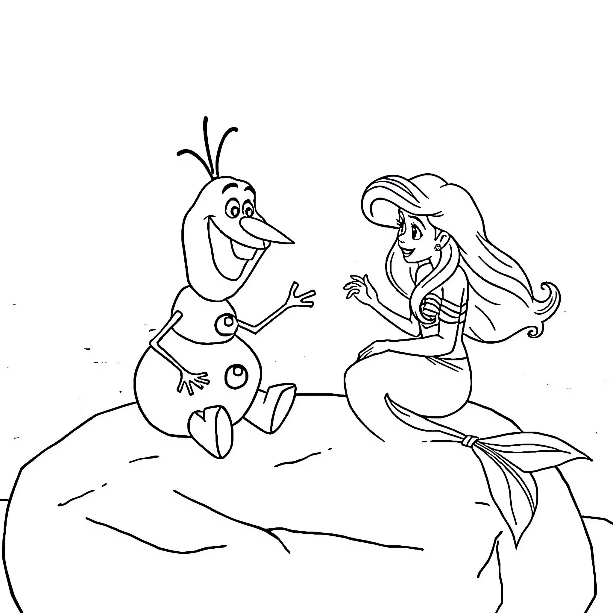 Olaf and Ariel's Underwater Adventure Coloring Page (free black-and-white line drawing printable PDF for all, from beginners to advanced learners, including children, teens, adults, and seniors)
