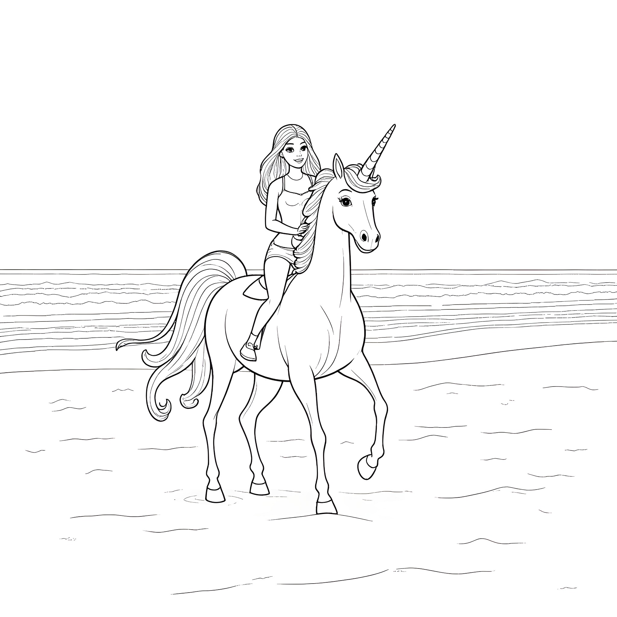 Barbie riding a magical unicorn on the beach Coloring Page (free black-and-white line drawing printable PDF for all, from beginners to advanced learners, including children, teens, adults, and seniors)