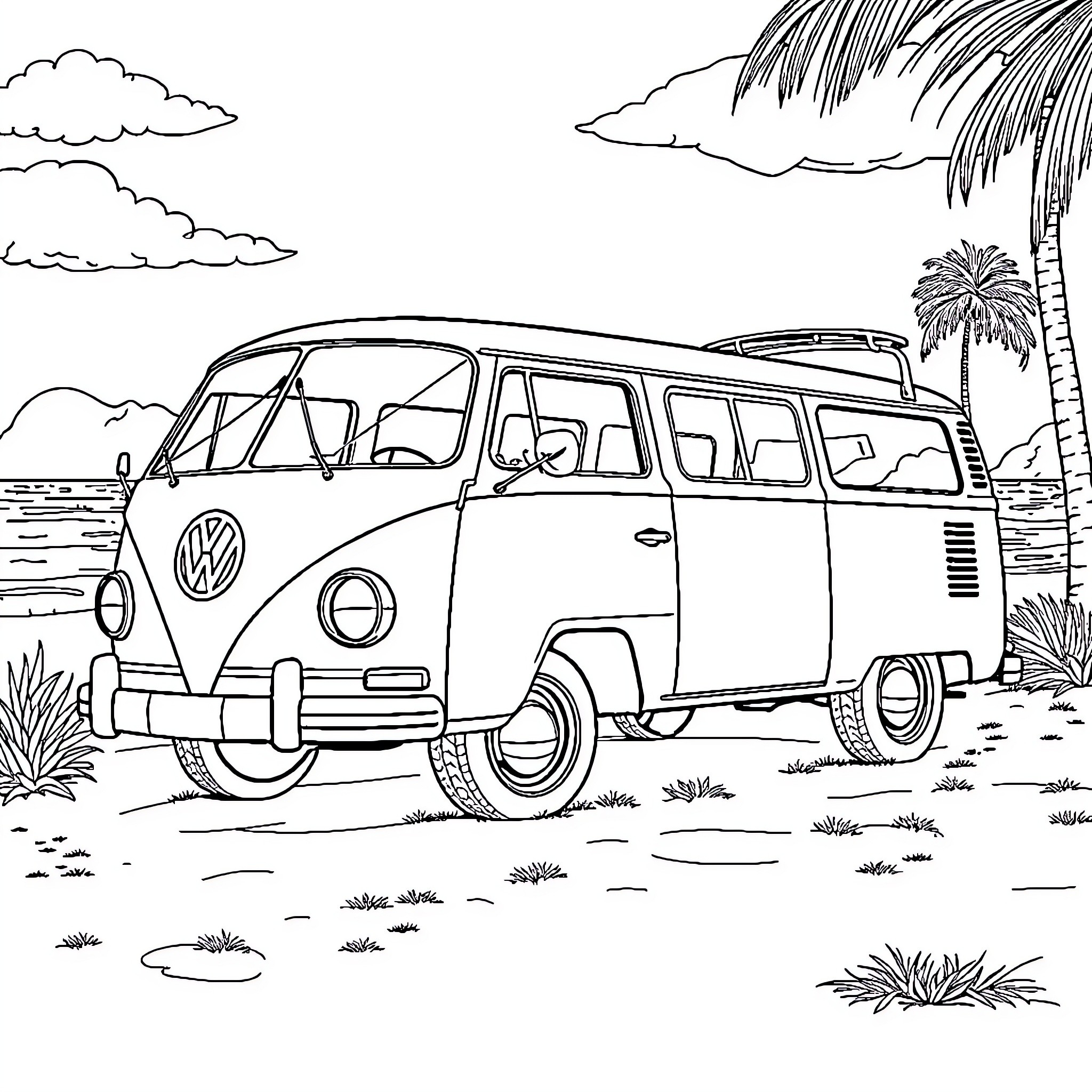 Vw Combi on a tropical beach Coloring Page (free black-and-white line drawing printable PDF for all, from beginners to advanced learners, including children, teens, adults, and seniors)