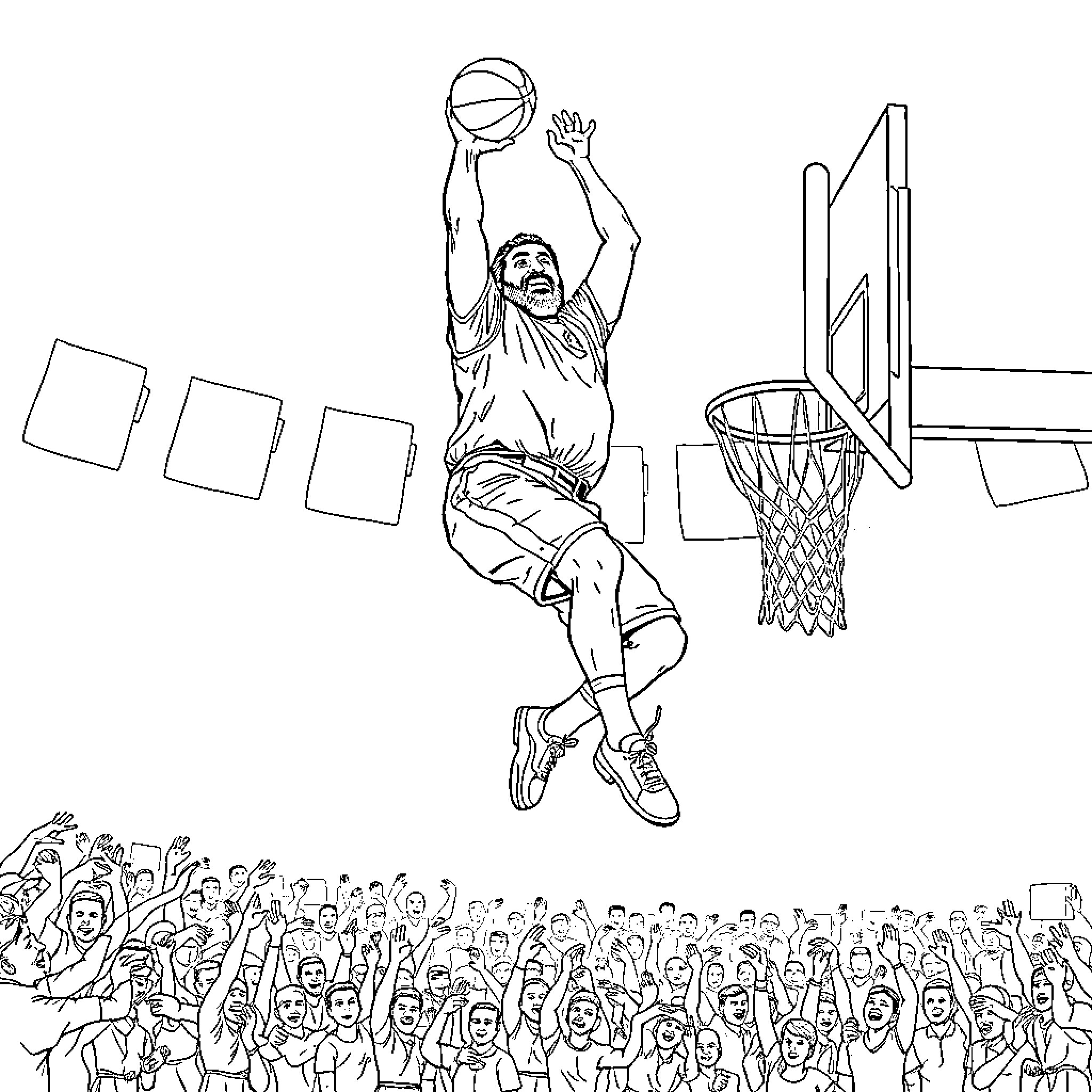 Saddam Hussein basketball player soaring above the crowd Coloring Page (free black-and-white line drawing printable PDF for all, from beginners to advanced learners, including children, teens, adults, and seniors)