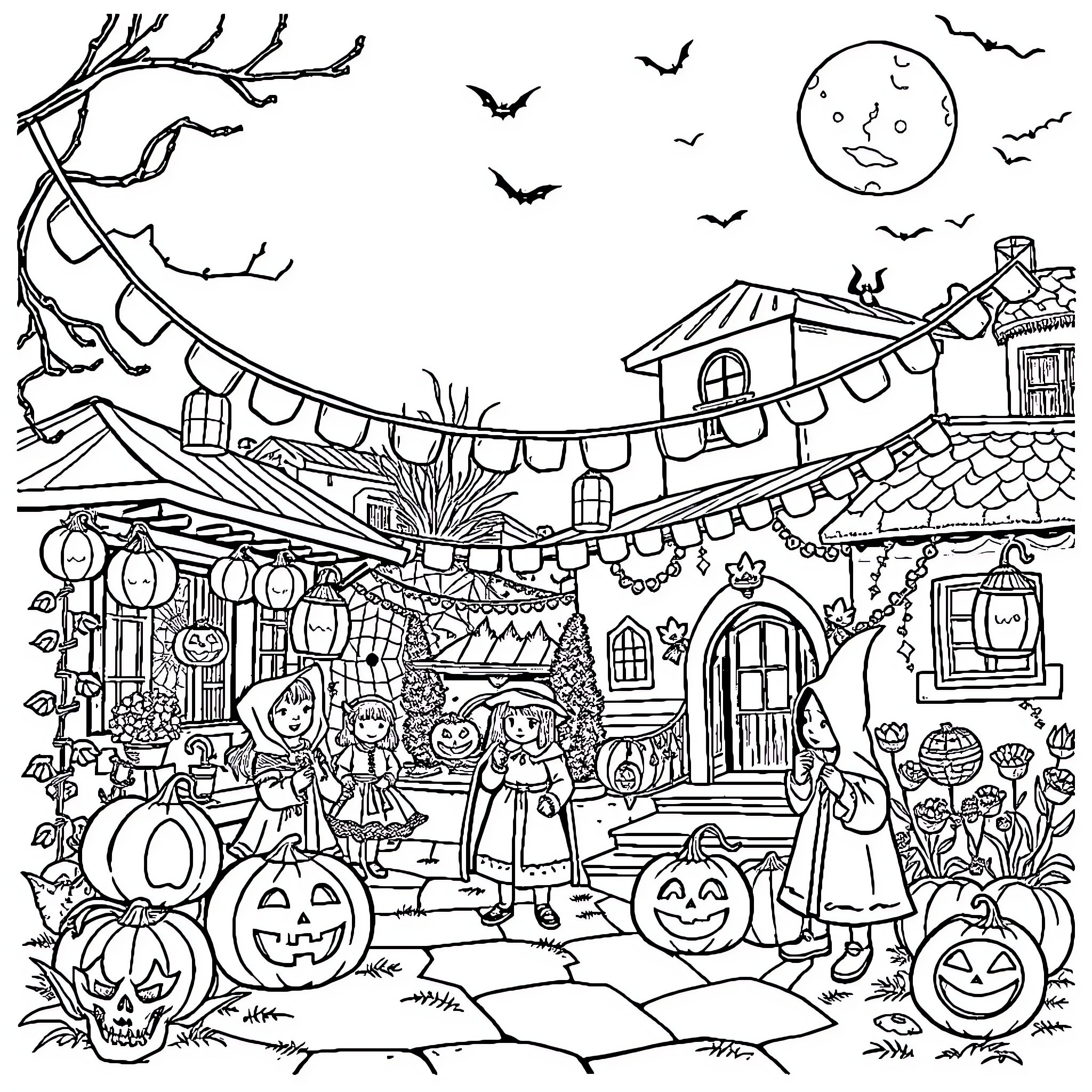 Halloween costume party in a festive neighborhood Coloring Page (free black-and-white line drawing printable PDF for all, from beginners to advanced learners, including children, teens, adults, and seniors)