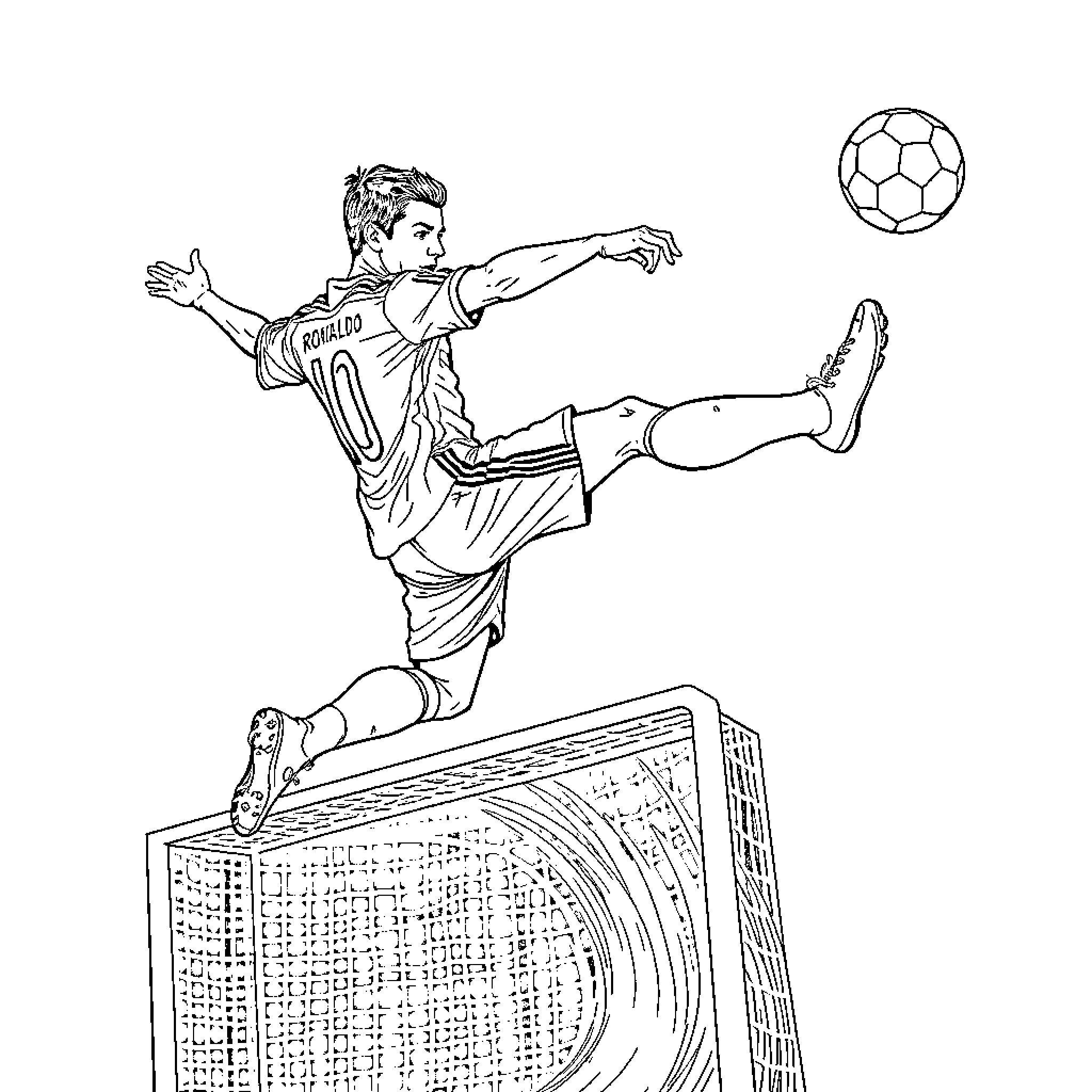 Cristiano Ronaldo performing acrobatic soccer kick Coloring Page (free black-and-white line drawing printable PDF for all, from beginners to advanced learners, including children, teens, adults, and seniors)