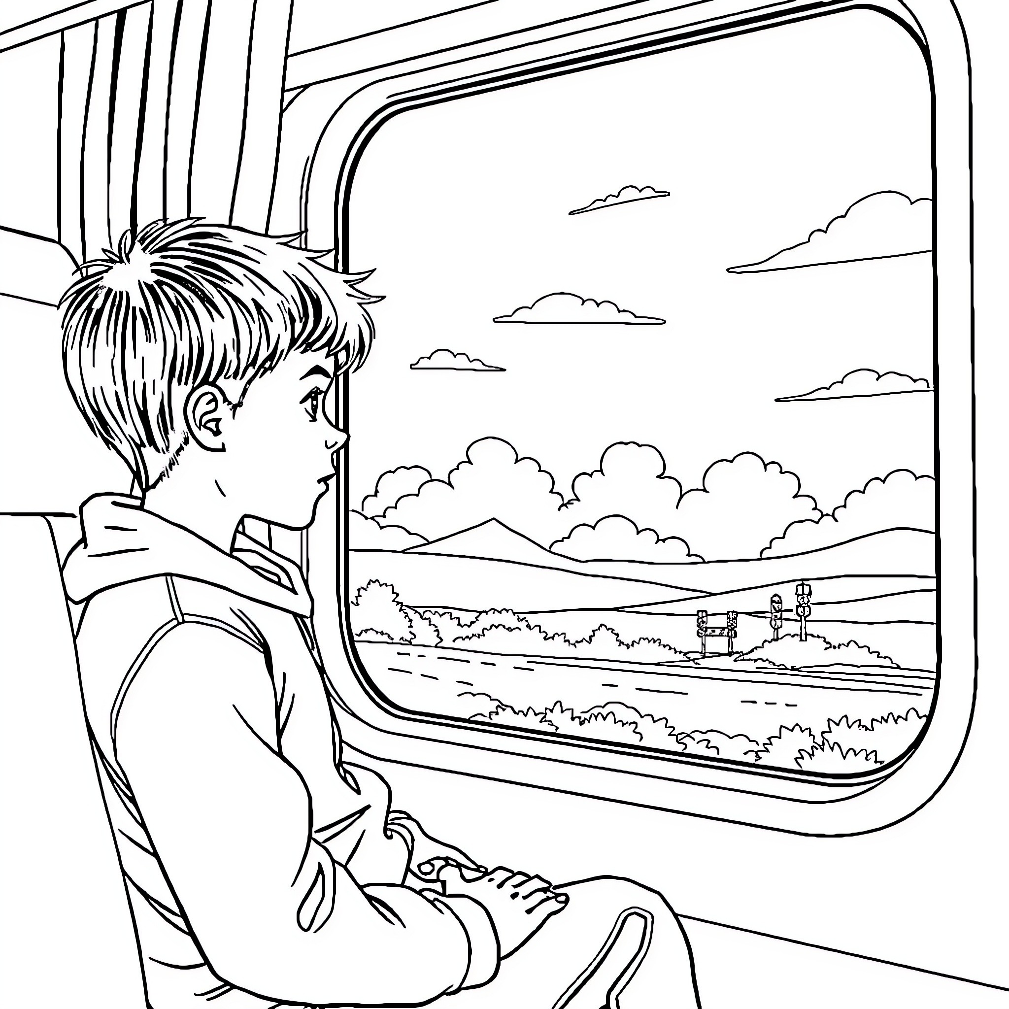 Boy gazing out of train window at scenic landscape Coloring Page (free black-and-white line drawing printable PDF for all, from beginners to advanced learners, including children, teens, adults, and seniors)
