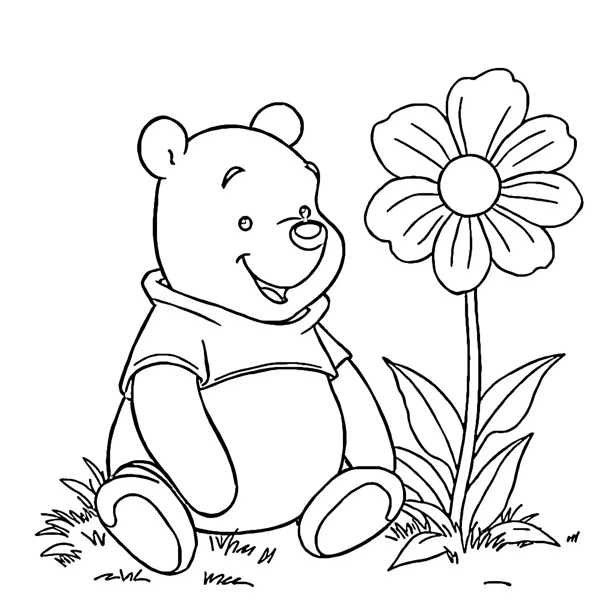 Winnie The Pooh enjoying a flower in the meadow Coloring Page (free black-and-white line drawing printable PDF for all, from beginners to advanced learners, including children, teens, adults, and seniors)