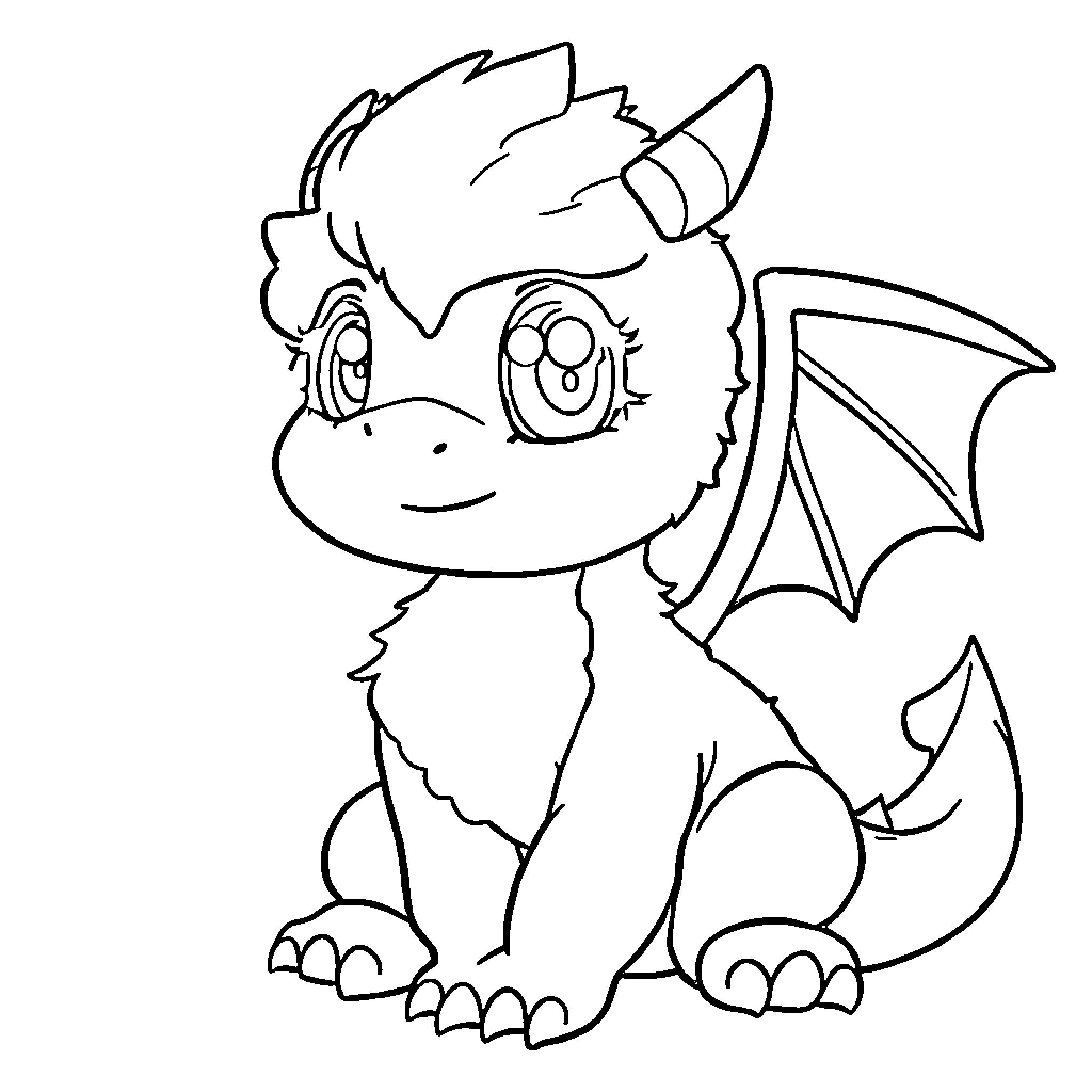 Dragon hatchling with big eyes and wings Coloring Page (free black-and-white line drawing printable PDF for all, from beginners to advanced learners, including children, teens, adults, and seniors)
