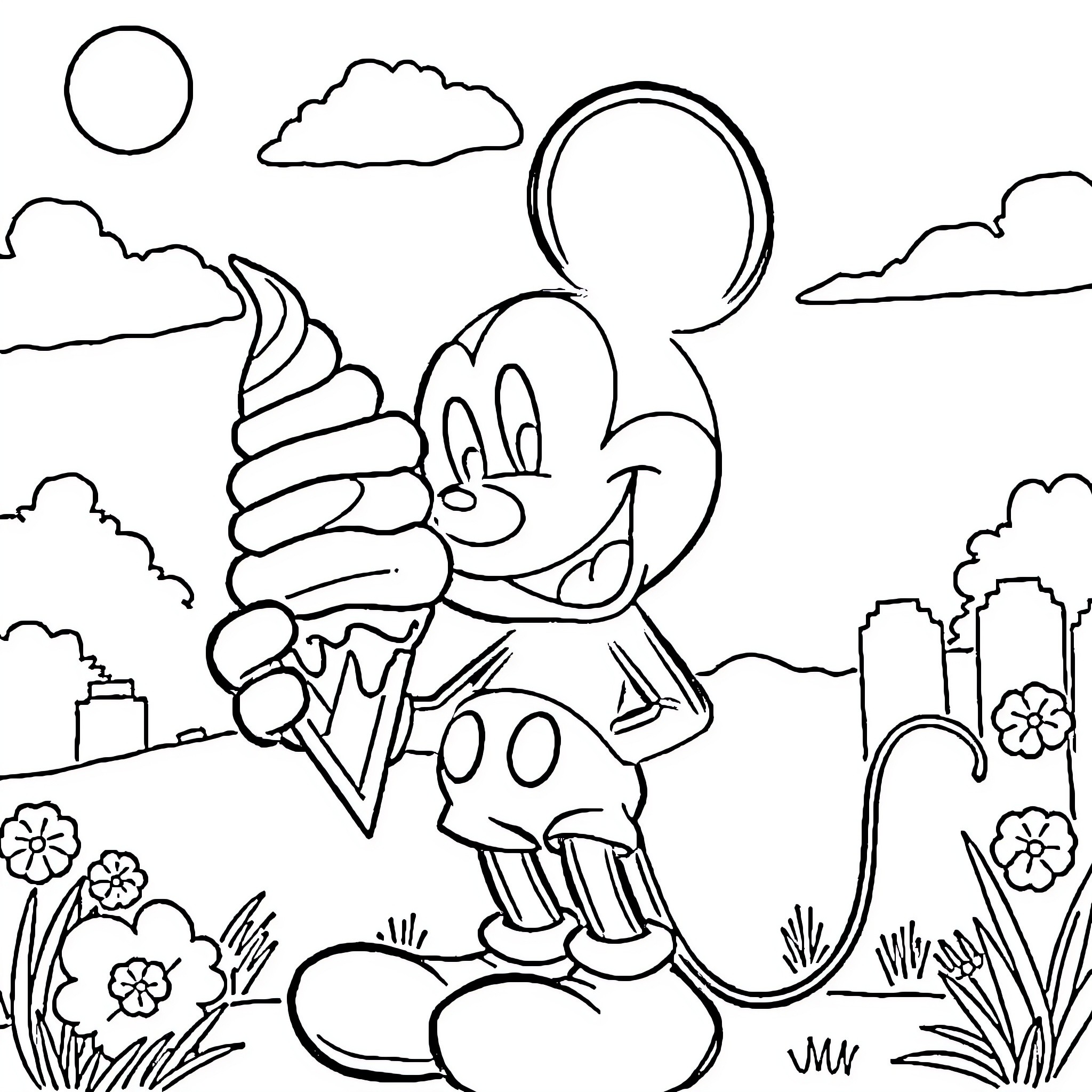Mickey enjoying an ice cream in the park Coloring Page (free black-and-white line drawing printable PDF for all, from beginners to advanced learners, including children, teens, adults, and seniors)