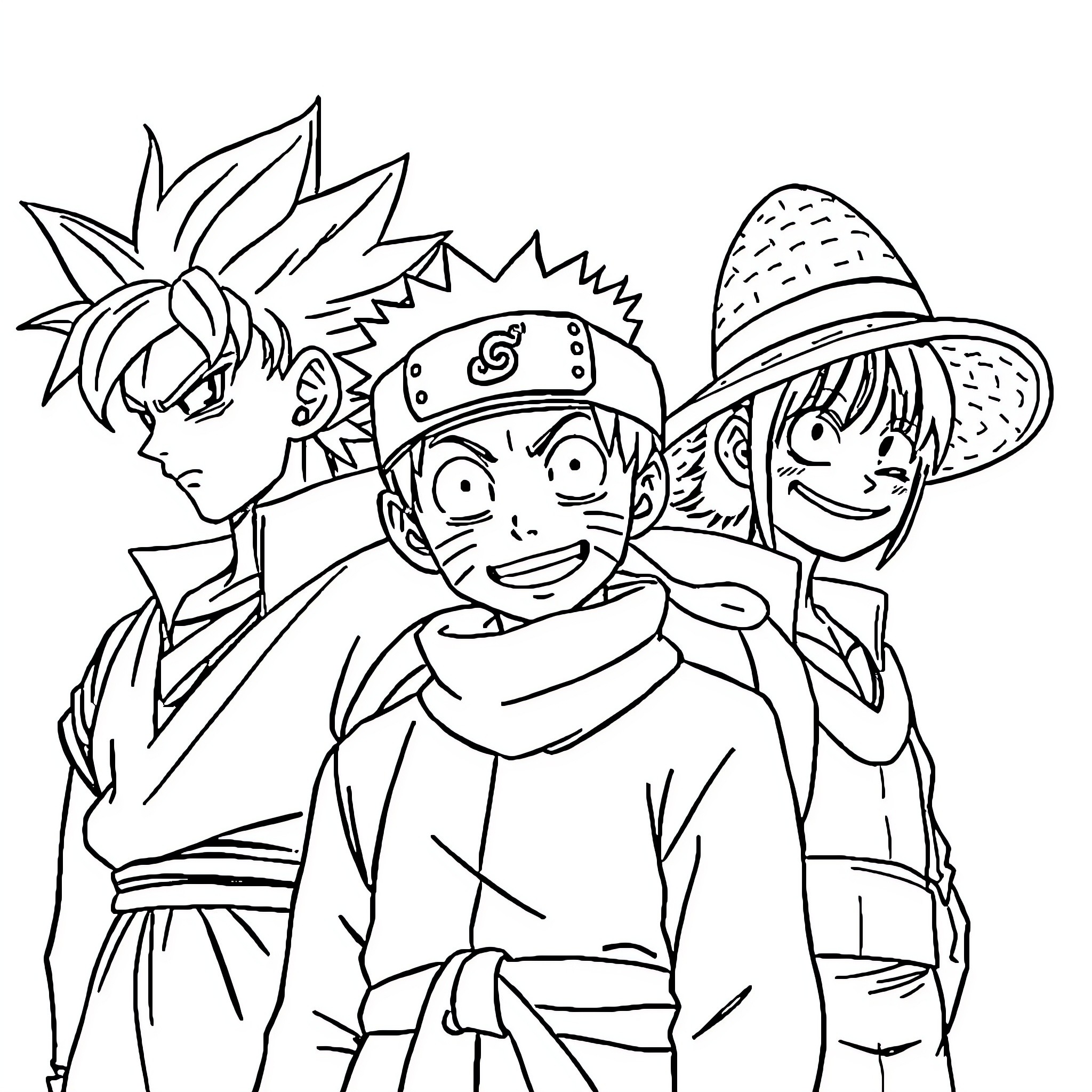 Anime Characters in Adventure Attire Coloring Page (free black-and-white line drawing printable PDF for all, from beginners to advanced learners, including children, teens, adults, and seniors)