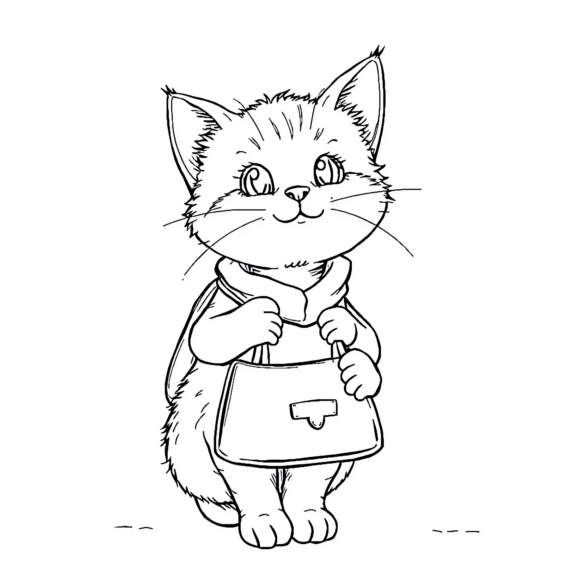 Cat in school uniform holding a book Coloring Page (free black-and-white line drawing printable PDF for all, from beginners to advanced learners, including children, teens, adults, and seniors)