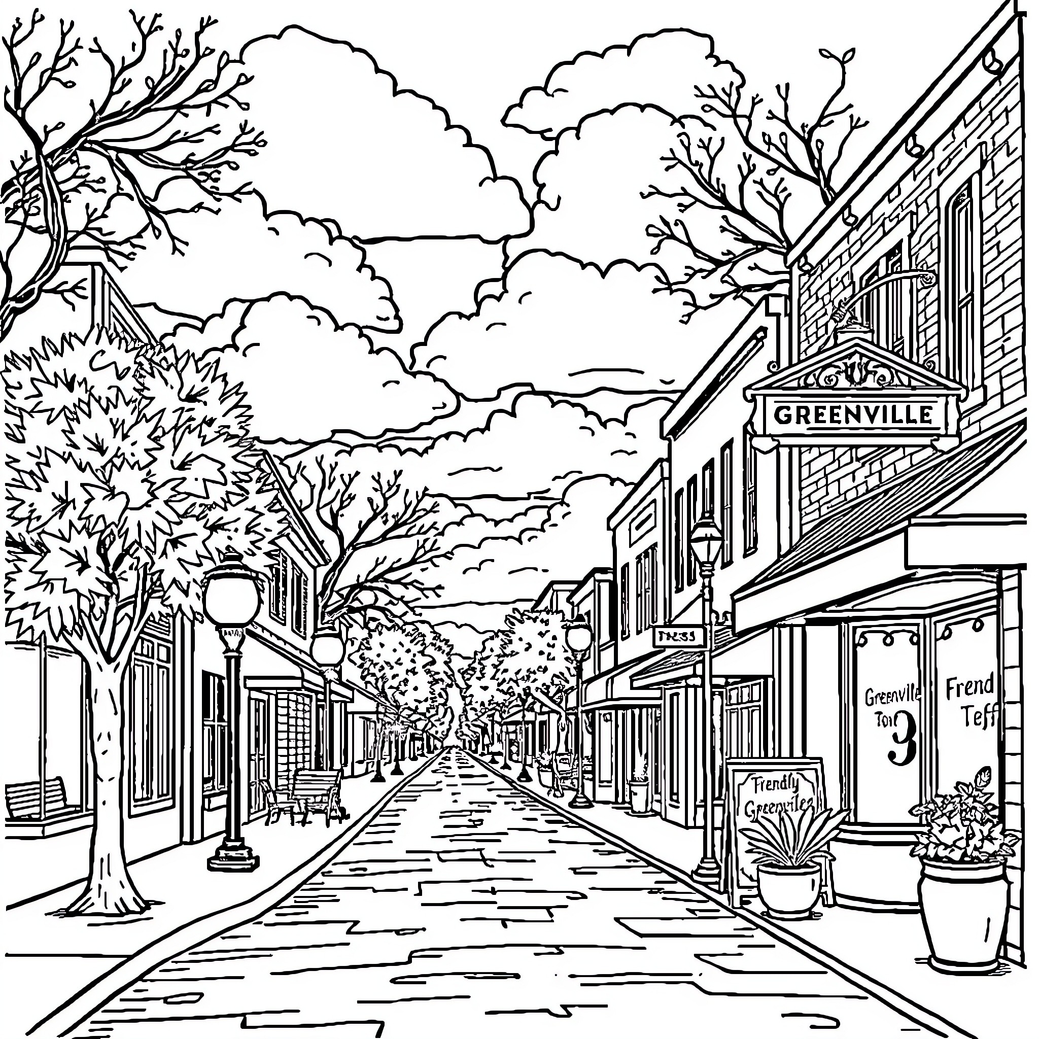 Greenville: Vibrant Street Scene with Shops and Trees Coloring Page (free black-and-white line drawing printable PDF for all, from beginners to advanced learners, including children, teens, adults, and seniors)