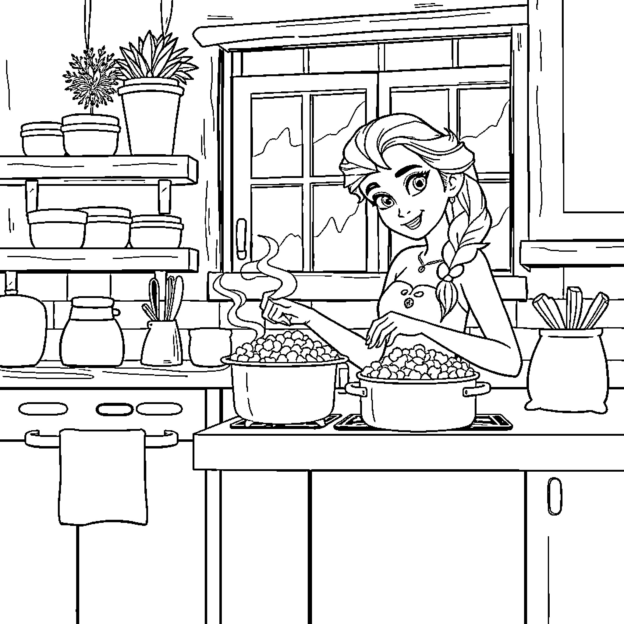 Elsa cooking in the kitchen Coloring Page (free black-and-white line drawing printable PDF for all, from beginners to advanced learners, including children, teens, adults, and seniors)
