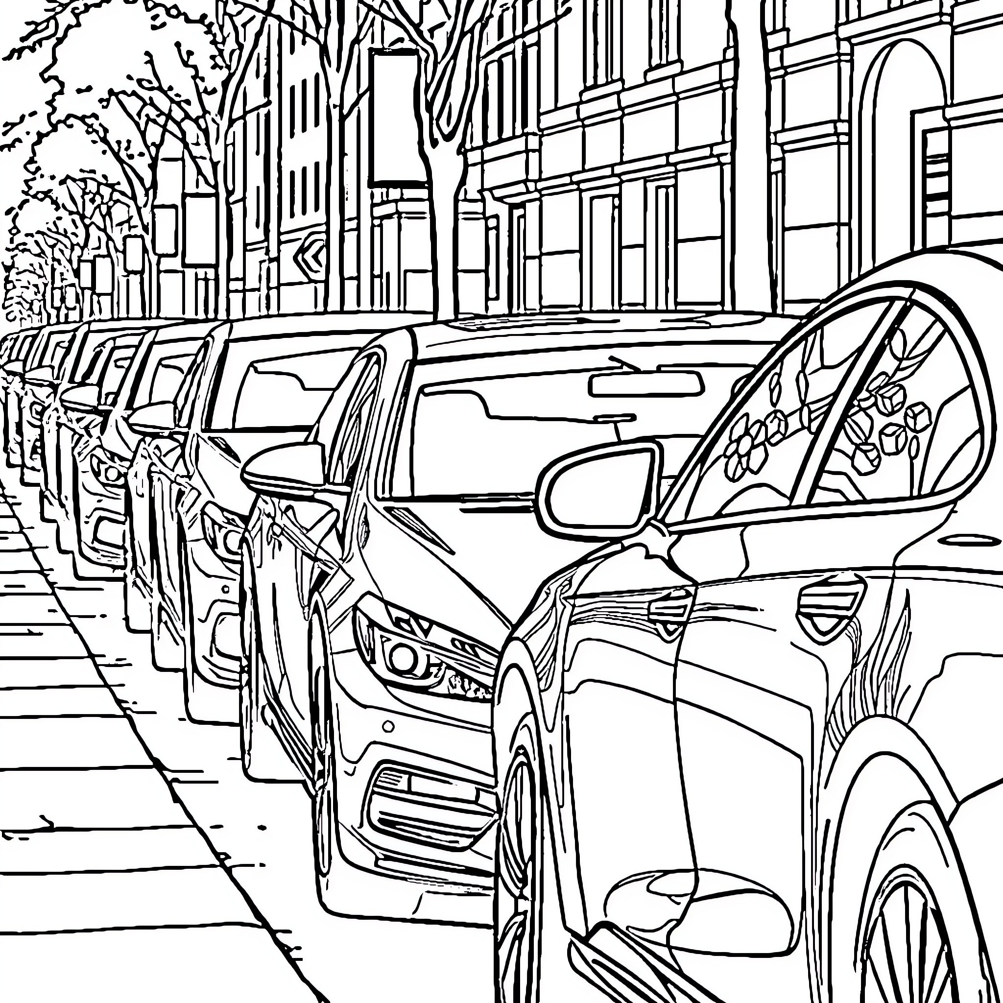 Car parked on a city street in an urban setting Coloring Page (free black-and-white line drawing printable PDF for all, from beginners to advanced learners, including children, teens, adults, and seniors)