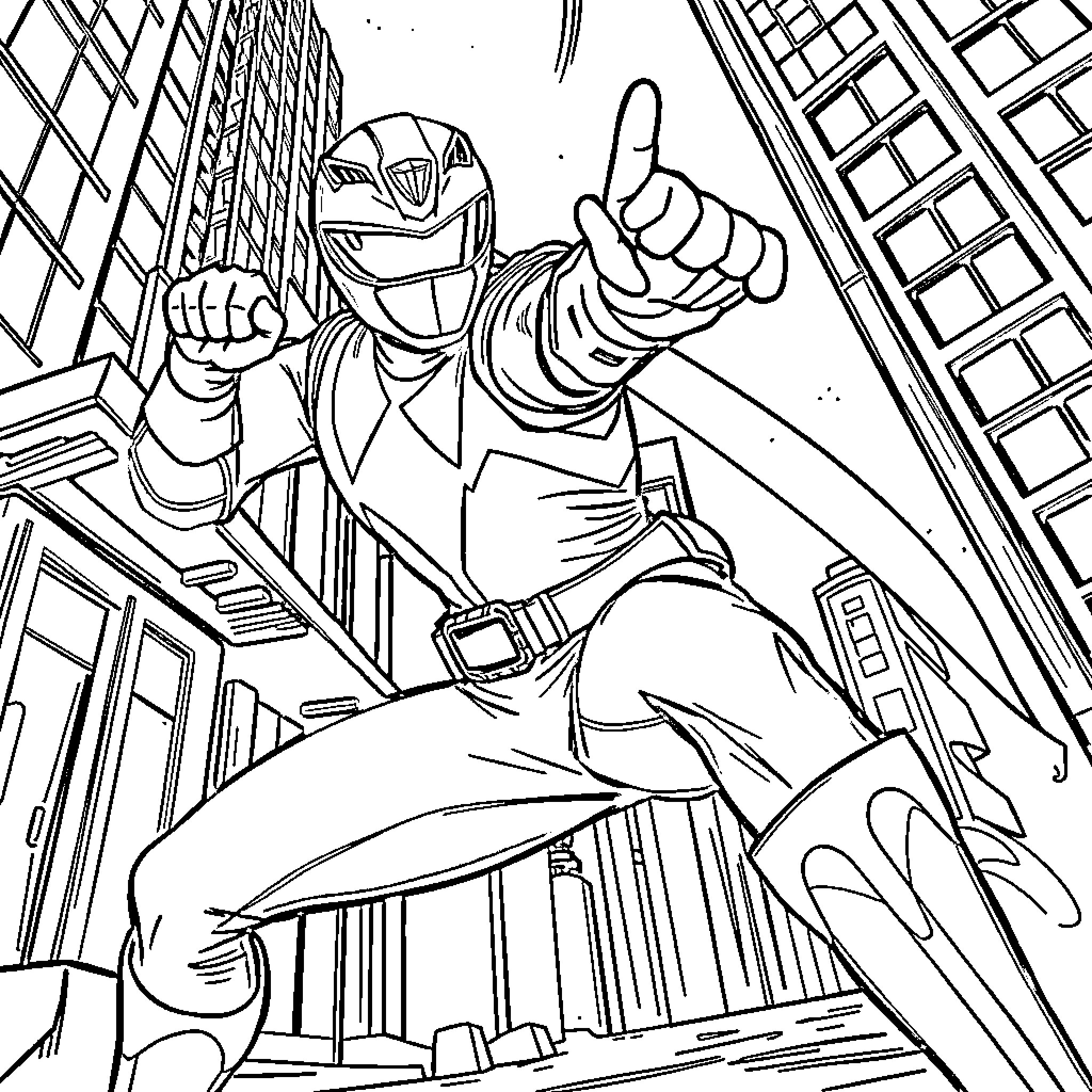 Power Ranger striking a heroic pose in the city Coloring Page (free black-and-white line drawing printable PDF for all, from beginners to advanced learners, including children, teens, adults, and seniors)