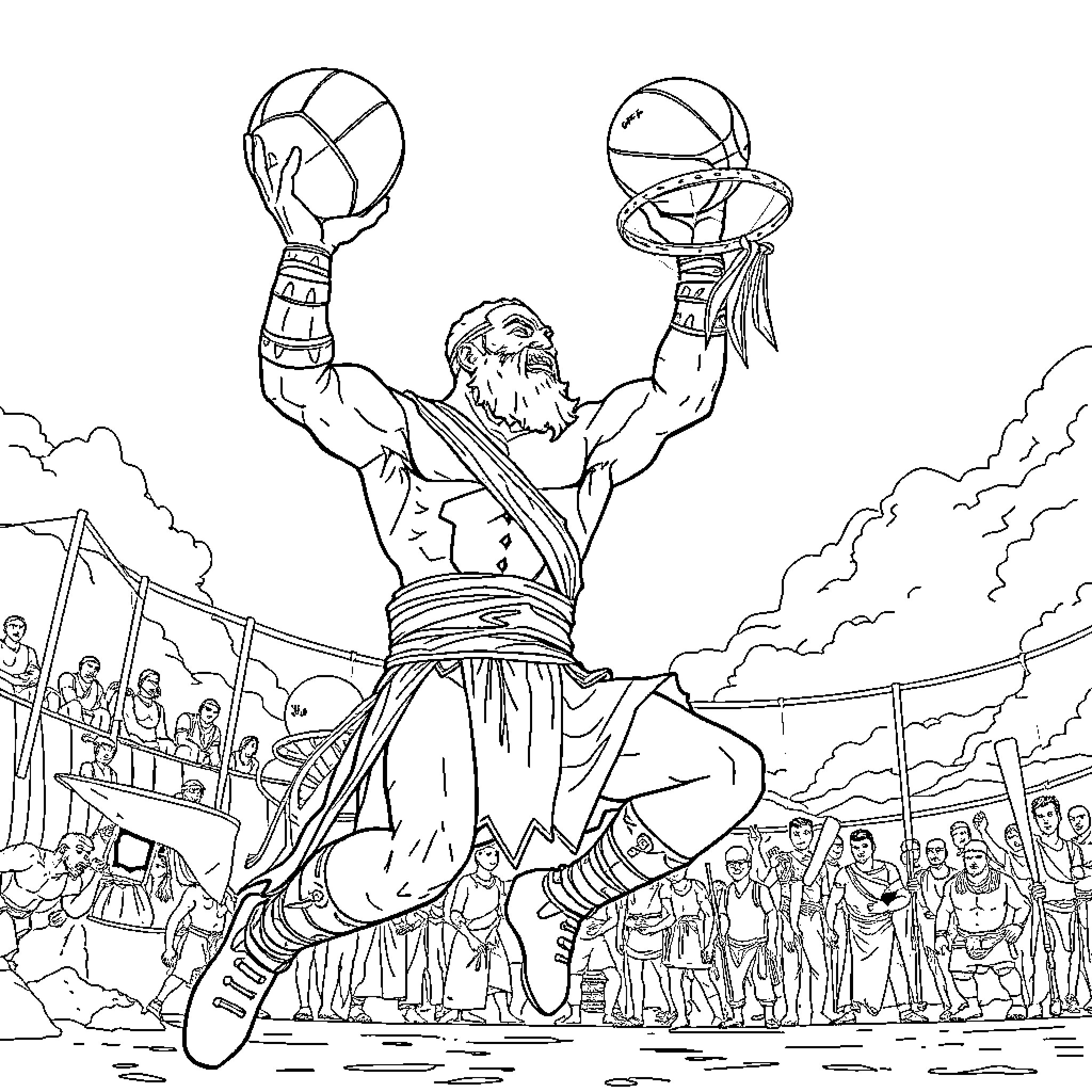 Kratos Triumphantly Raises Trophies in Arena Coloring Page (free black-and-white line drawing printable PDF for all, from beginners to advanced learners, including children, teens, adults, and seniors)