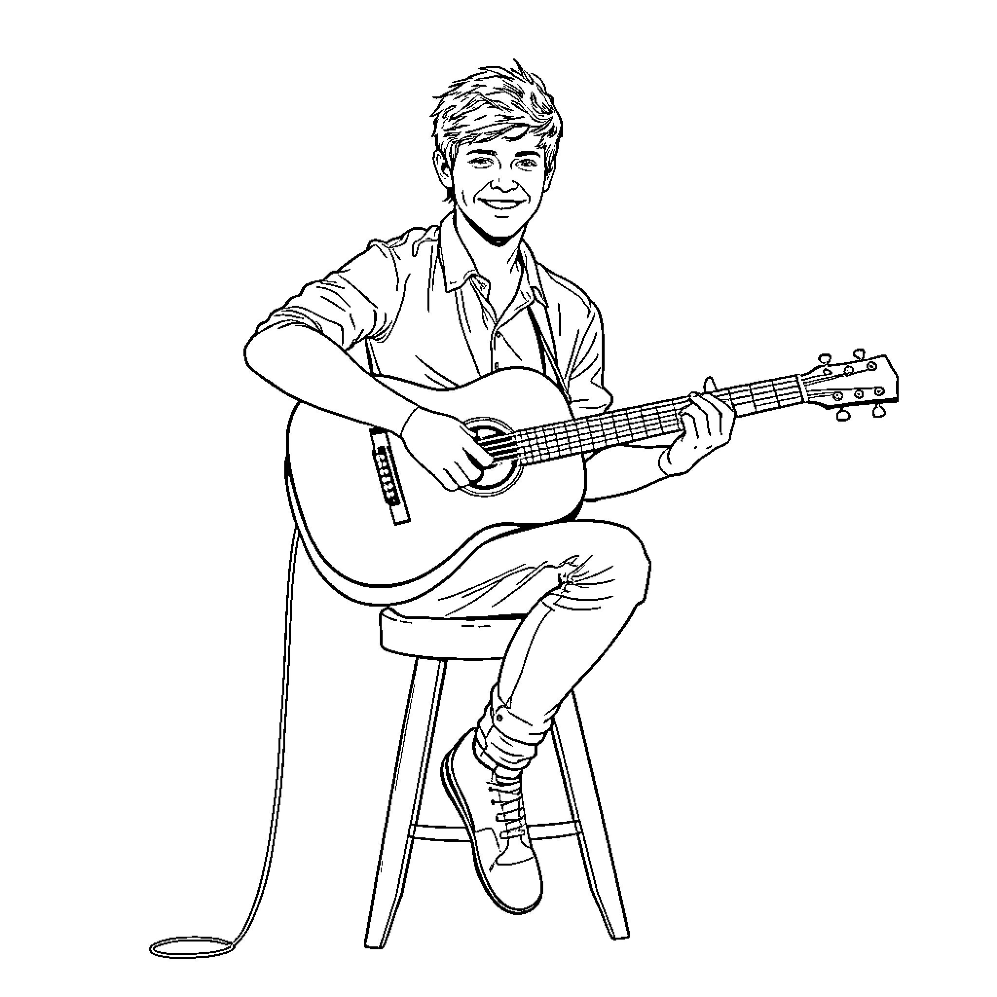 Niall Horan playing acoustic guitar on stage Coloring Page (free black-and-white line drawing printable PDF for all, from beginners to advanced learners, including children, teens, adults, and seniors)