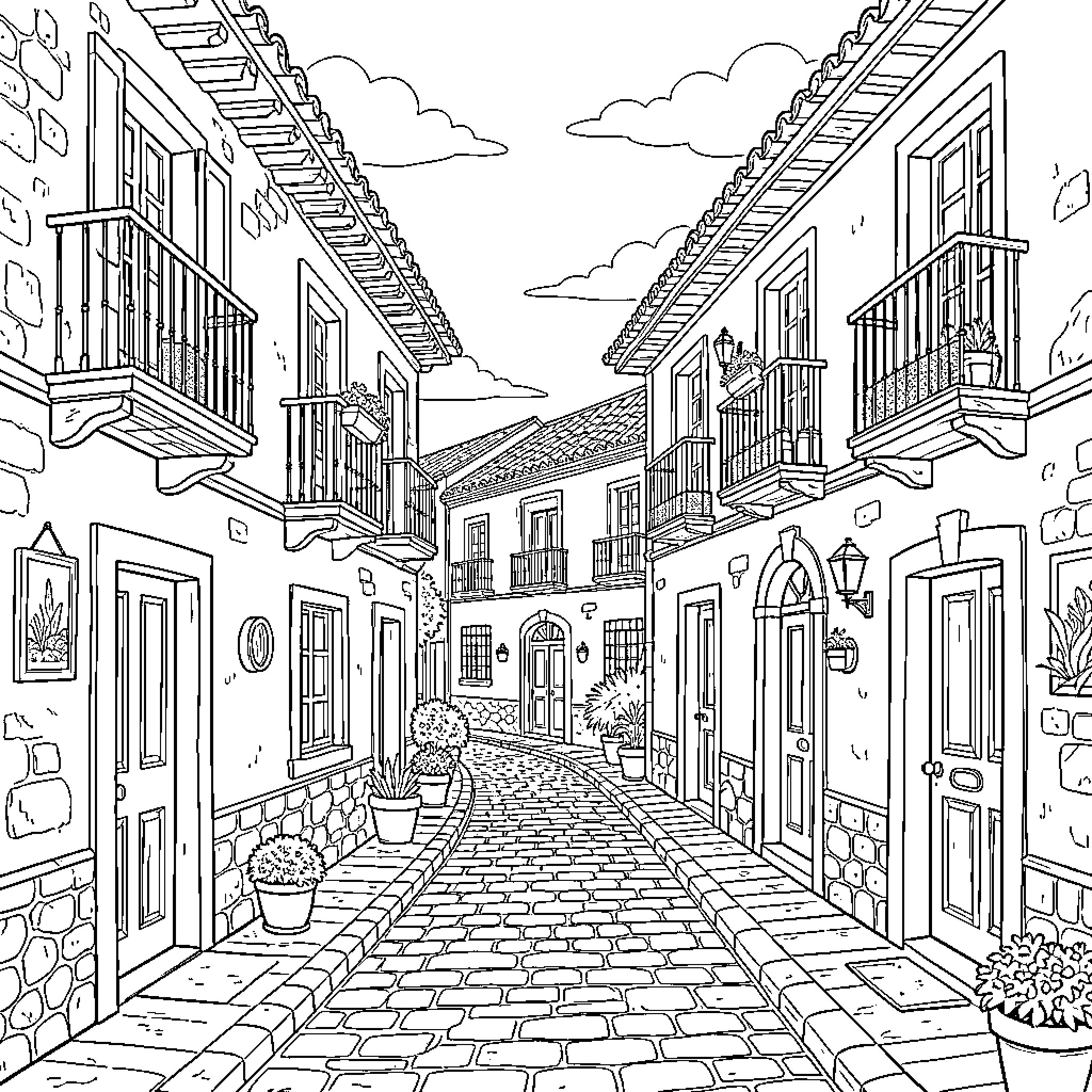 San Benito: Vibrant Cobblestone Street in Historic Town Coloring Page (free black-and-white line drawing printable PDF for all, from beginners to advanced learners, including children, teens, adults, and seniors)