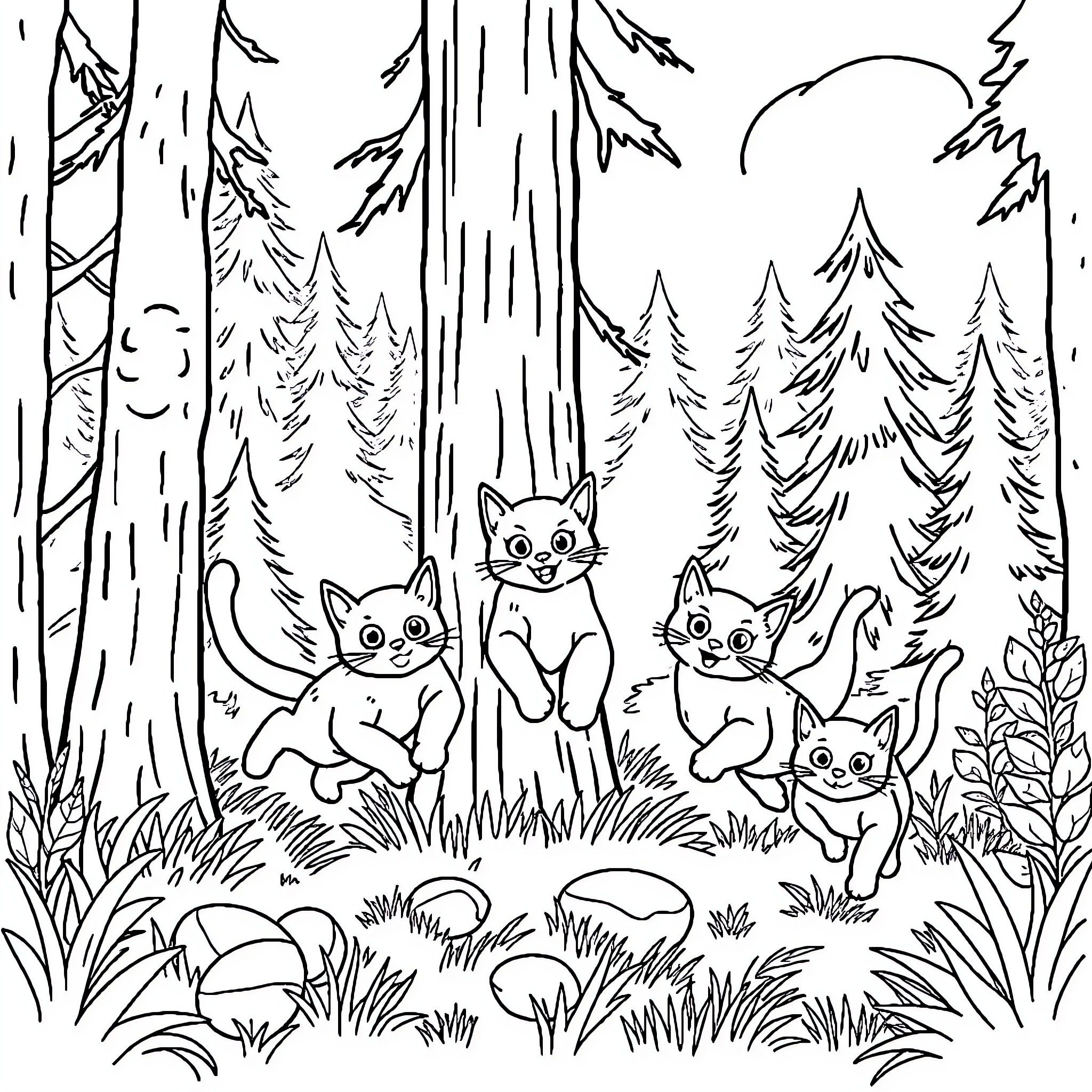 Cat kittens playing in the forest Coloring Page (free black-and-white line drawing printable PDF for all, from beginners to advanced learners, including children, teens, adults, and seniors)