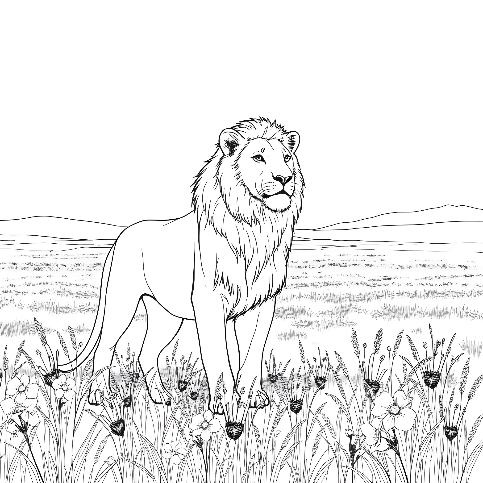 Lioness standing in a field of flowers Coloring Page (free black-and-white line drawing printable PDF for all, from beginners to advanced learners, including children, teens, adults, and seniors)