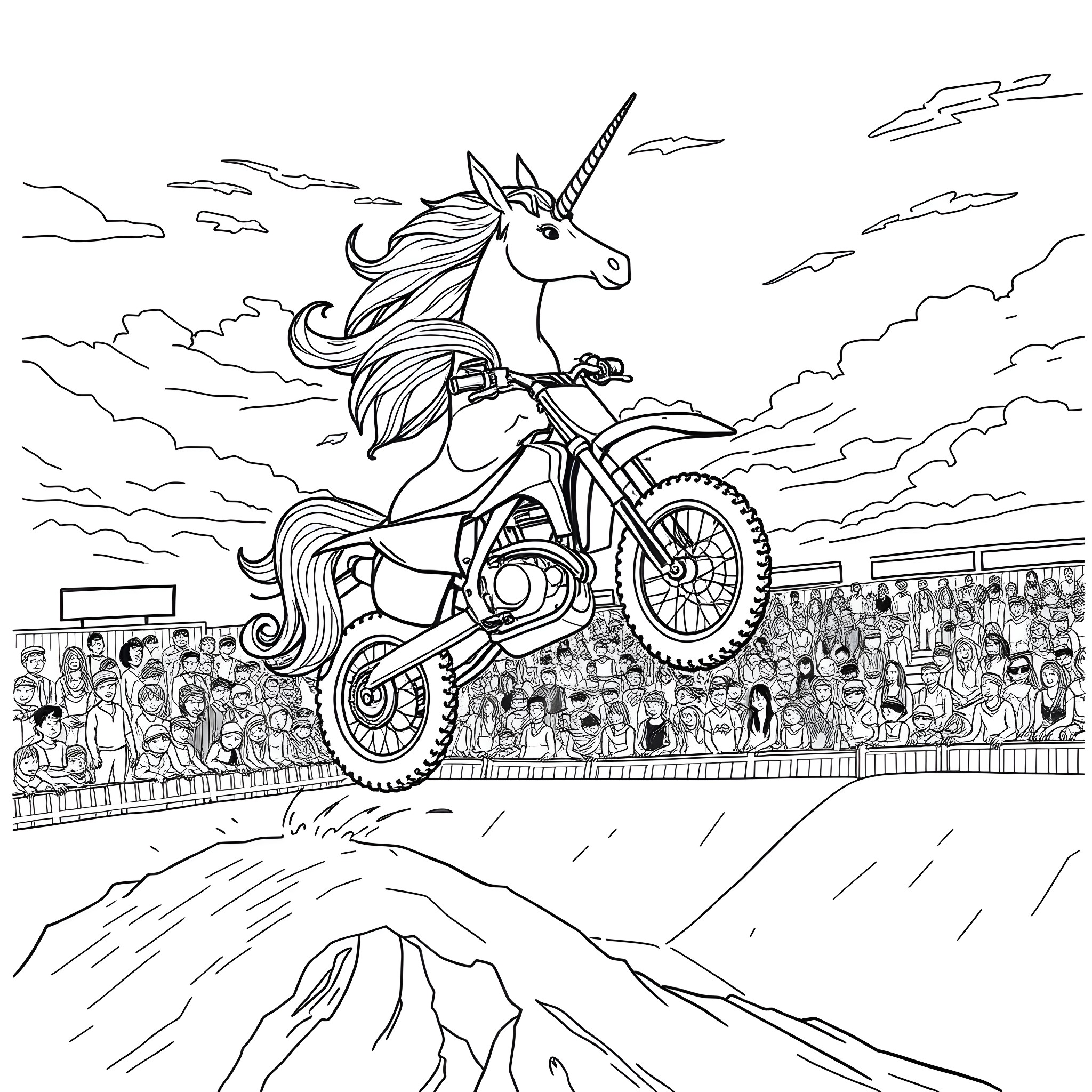 Unicorn riding an extreme motocross bike through the sky Coloring Page (free black-and-white line drawing printable PDF for all, from beginners to advanced learners, including children, teens, adults, and seniors)