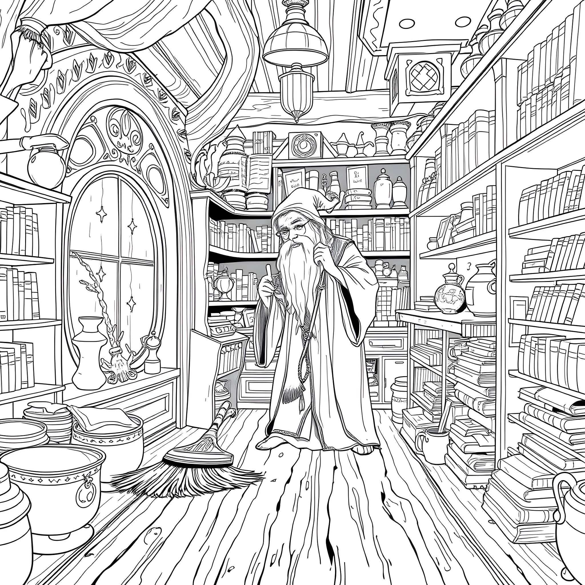 Gandalf the Wizard in his Magical Study Coloring Page (free black-and-white line drawing printable PDF for all, from beginners to advanced learners, including children, teens, adults, and seniors)