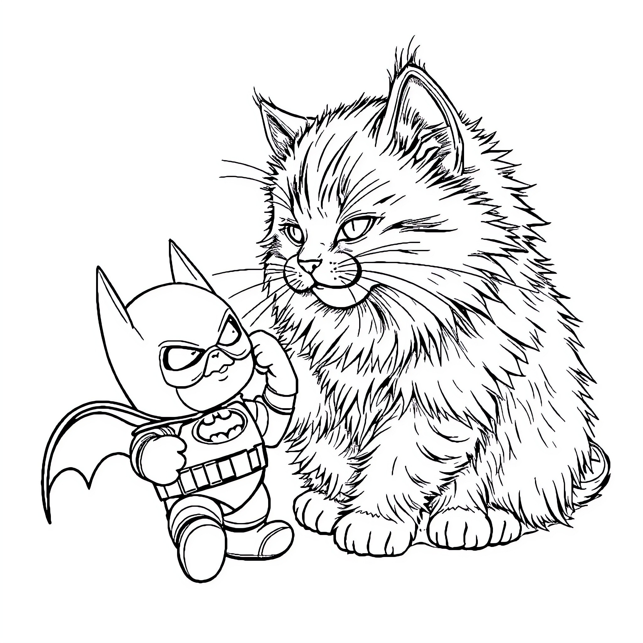 Cat and toy bat playing together Coloring Page (free black-and-white line drawing printable PDF for all, from beginners to advanced learners, including children, teens, adults, and seniors)