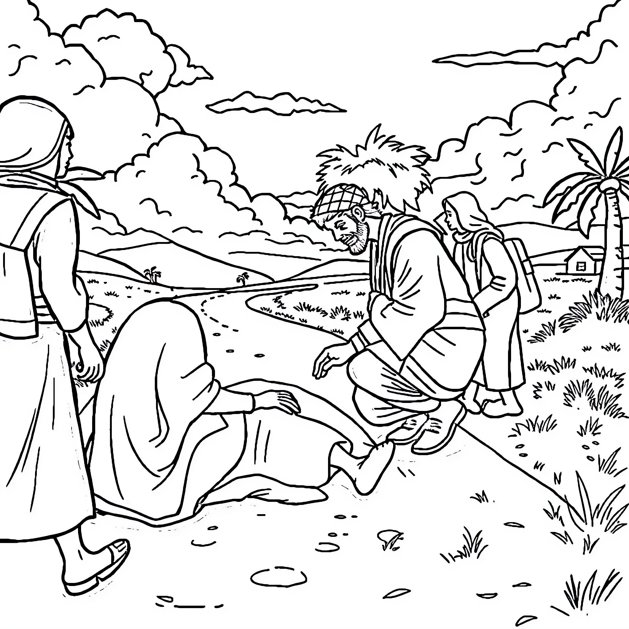 Samaritan Offering Aid in a Countryside Setting Coloring Page (free black-and-white line drawing printable PDF for all, from beginners to advanced learners, including children, teens, adults, and seniors)