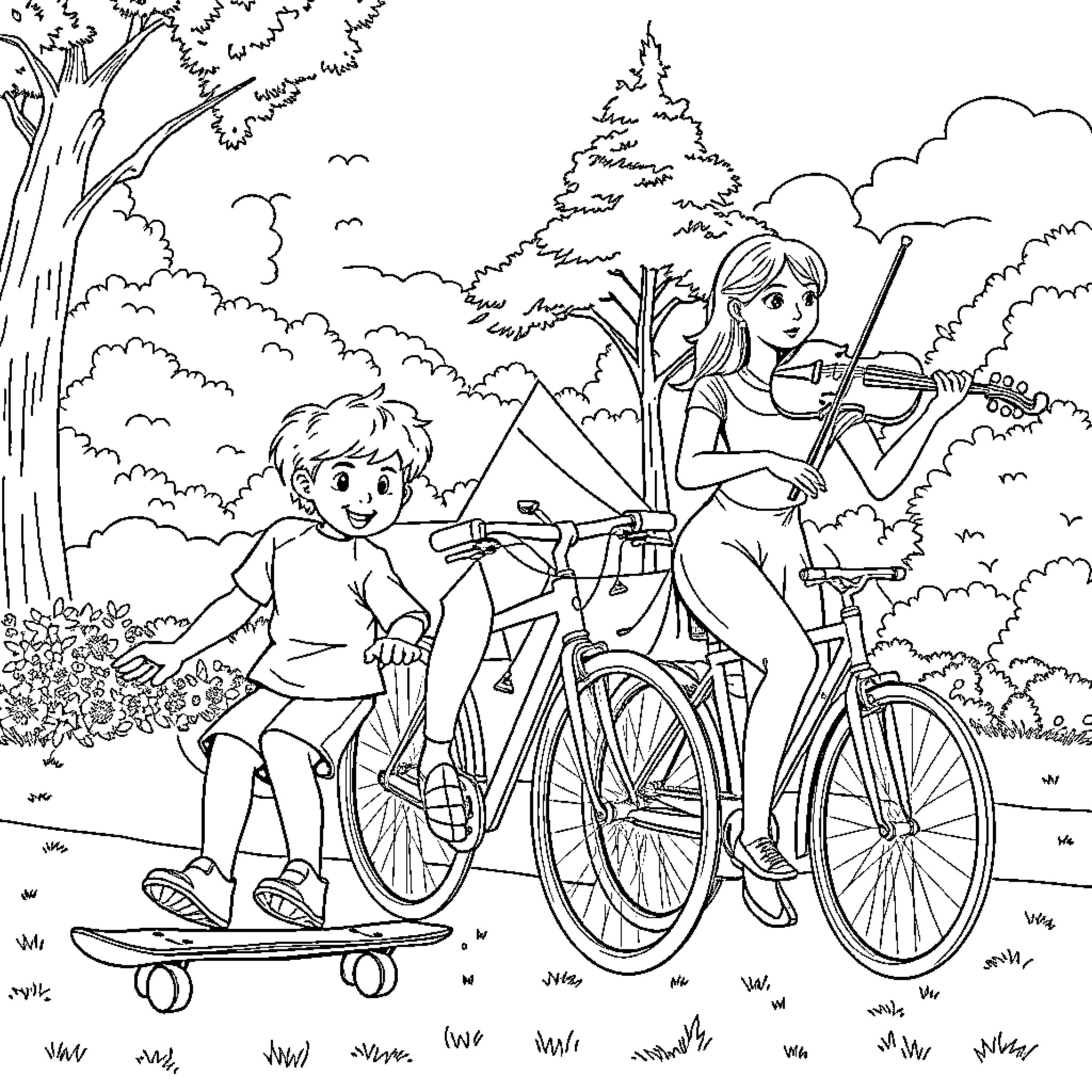 Kid's Outdoor Adventure with Bikes and Skateboards Coloring Page (free black-and-white line drawing printable PDF for all, from beginners to advanced learners, including children, teens, adults, and seniors)