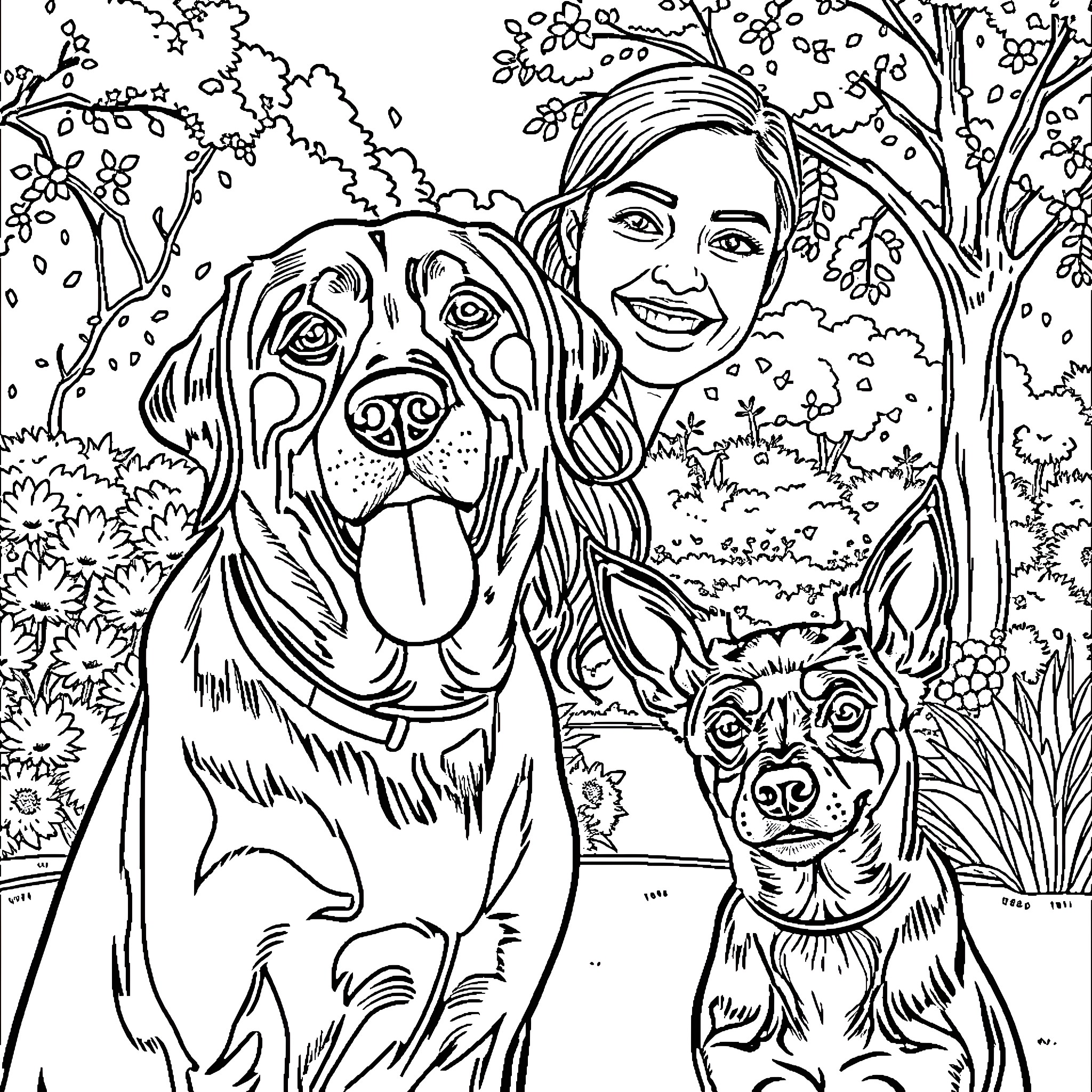 Dog and owner enjoying nature together Coloring Page (free black-and-white line drawing printable PDF for all, from beginners to advanced learners, including children, teens, adults, and seniors)