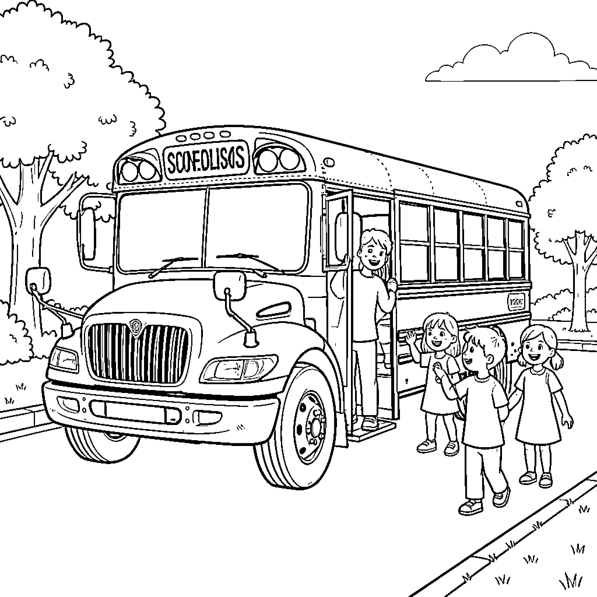 Bus picking up happy children for school Coloring Page (free black-and-white line drawing printable PDF for all, from beginners to advanced learners, including children, teens, adults, and seniors)