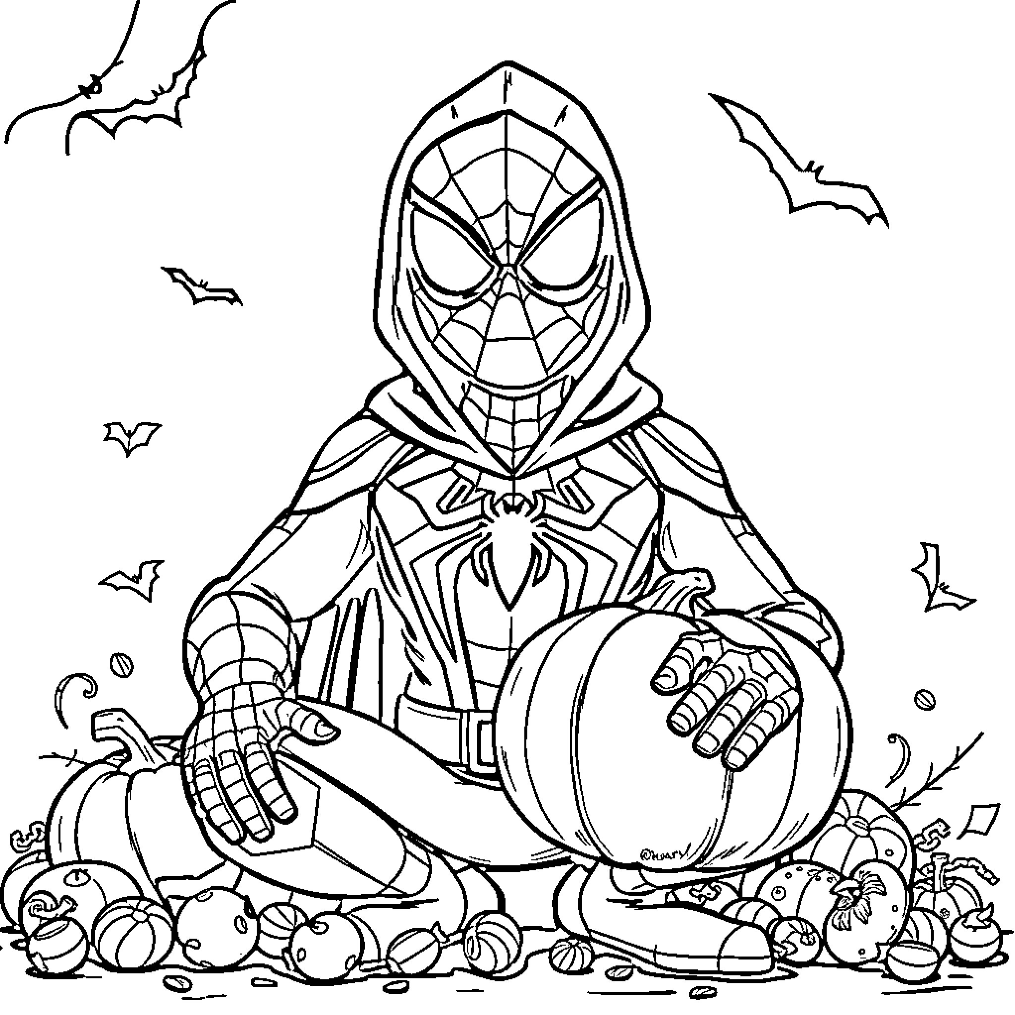 Spider-Man preparing for Halloween with pumpkins and bats Coloring Page (free black-and-white line drawing printable PDF for all, from beginners to advanced learners, including children, teens, adults, and seniors)
