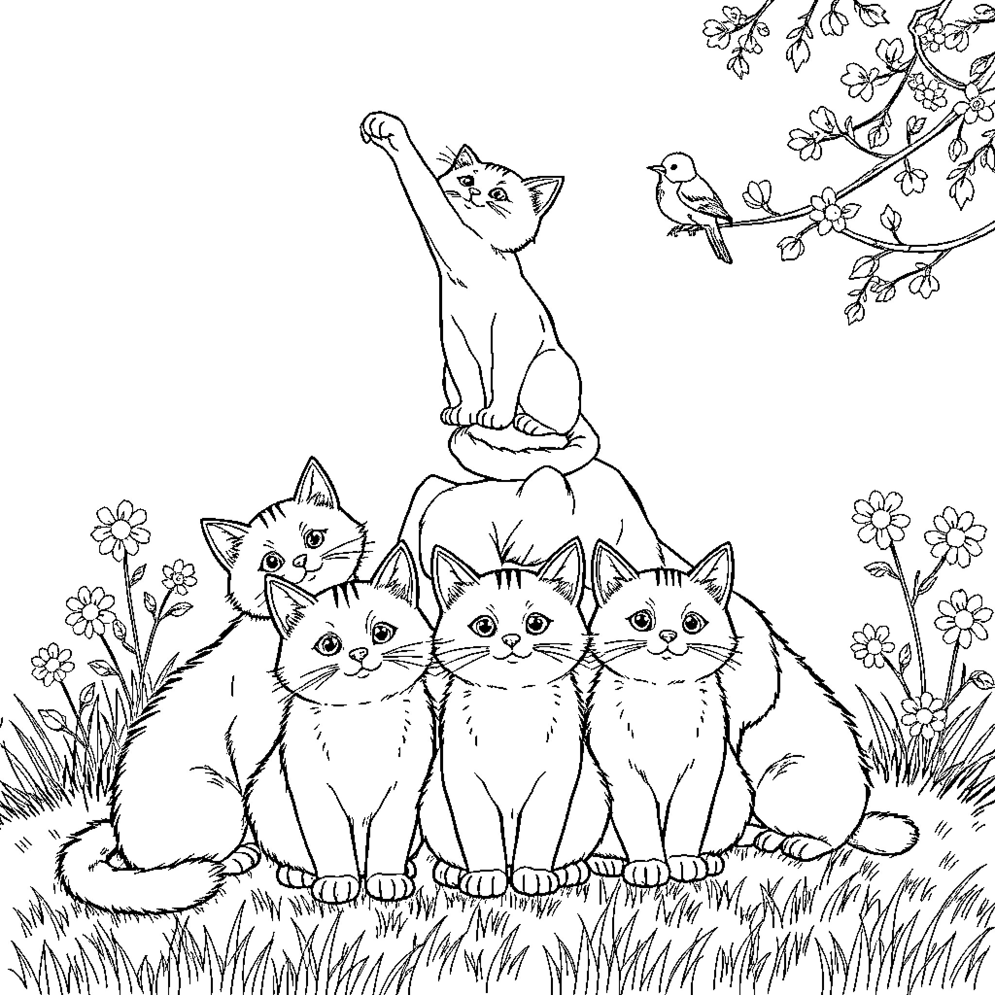 Cat family exploring nature with bird Coloring Page (free black-and-white line drawing printable PDF for all, from beginners to advanced learners, including children, teens, adults, and seniors)