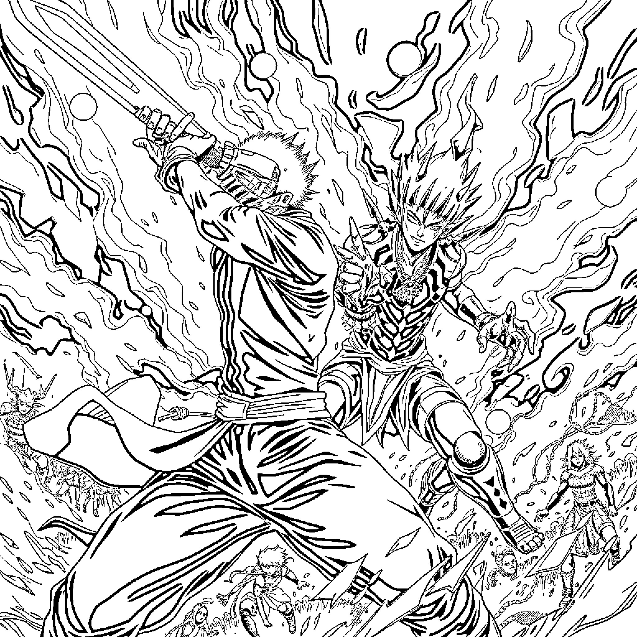 Ichigo's Intense Battle with Fierce Adversary Coloring Page (free black-and-white line drawing printable PDF for all, from beginners to advanced learners, including children, teens, adults, and seniors)