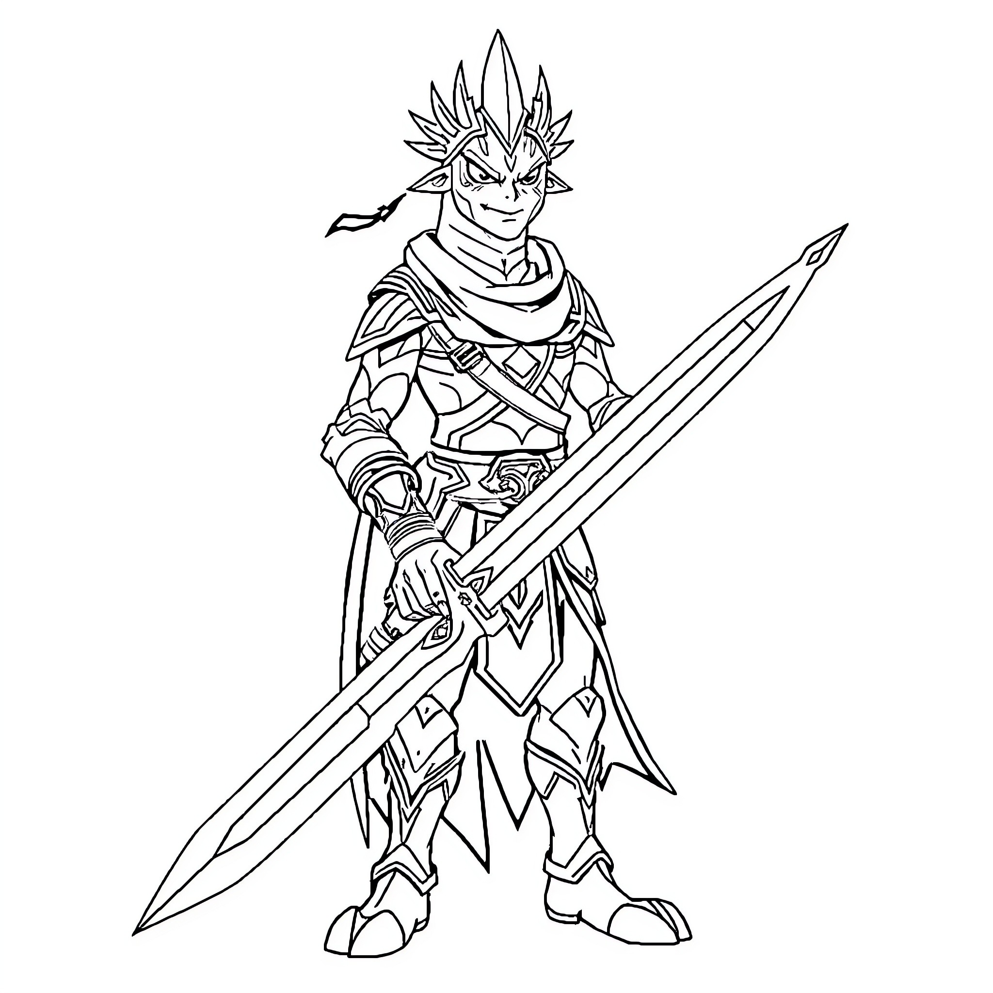 Sidon's Heroic Warrior Stance Coloring Page (free black-and-white line drawing printable PDF for all, from beginners to advanced learners, including children, teens, adults, and seniors)