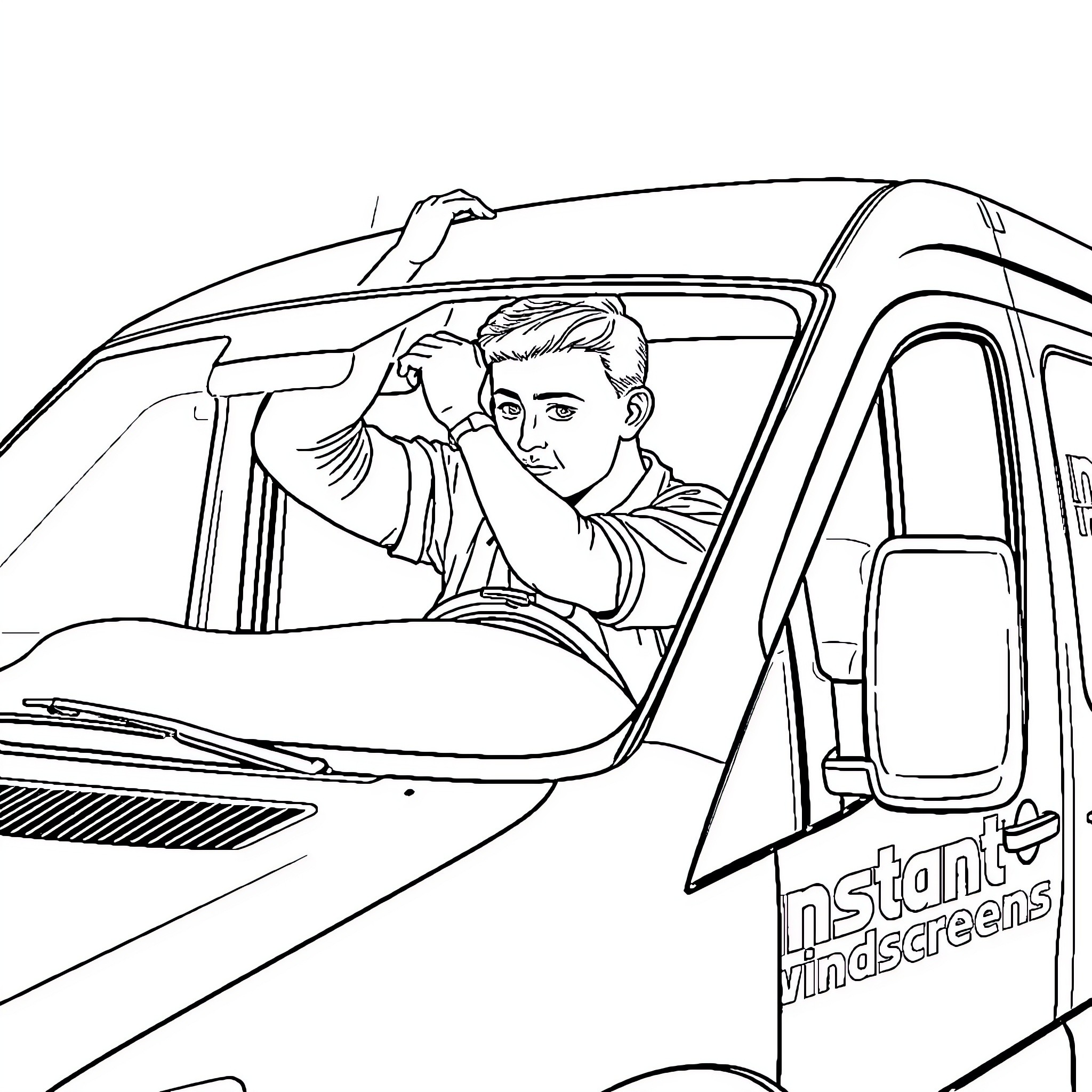 Windscreen Technician Repairing Vehicle Glass Coloring Page (free black-and-white line drawing printable PDF for all, from beginners to advanced learners, including children, teens, adults, and seniors)