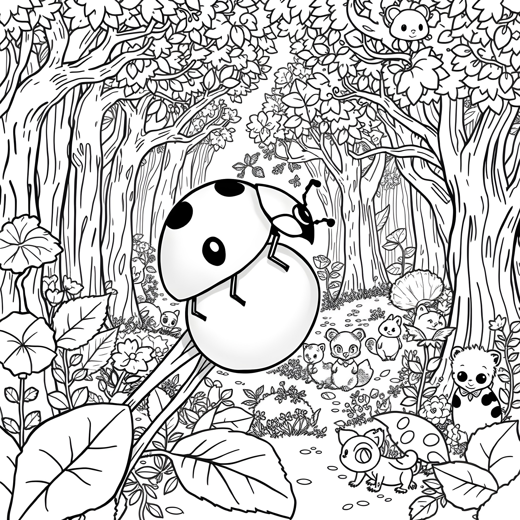 Ladybug exploring the forest with cute companions Coloring Page (free black-and-white line drawing printable PDF for all, from beginners to advanced learners, including children, teens, adults, and seniors)