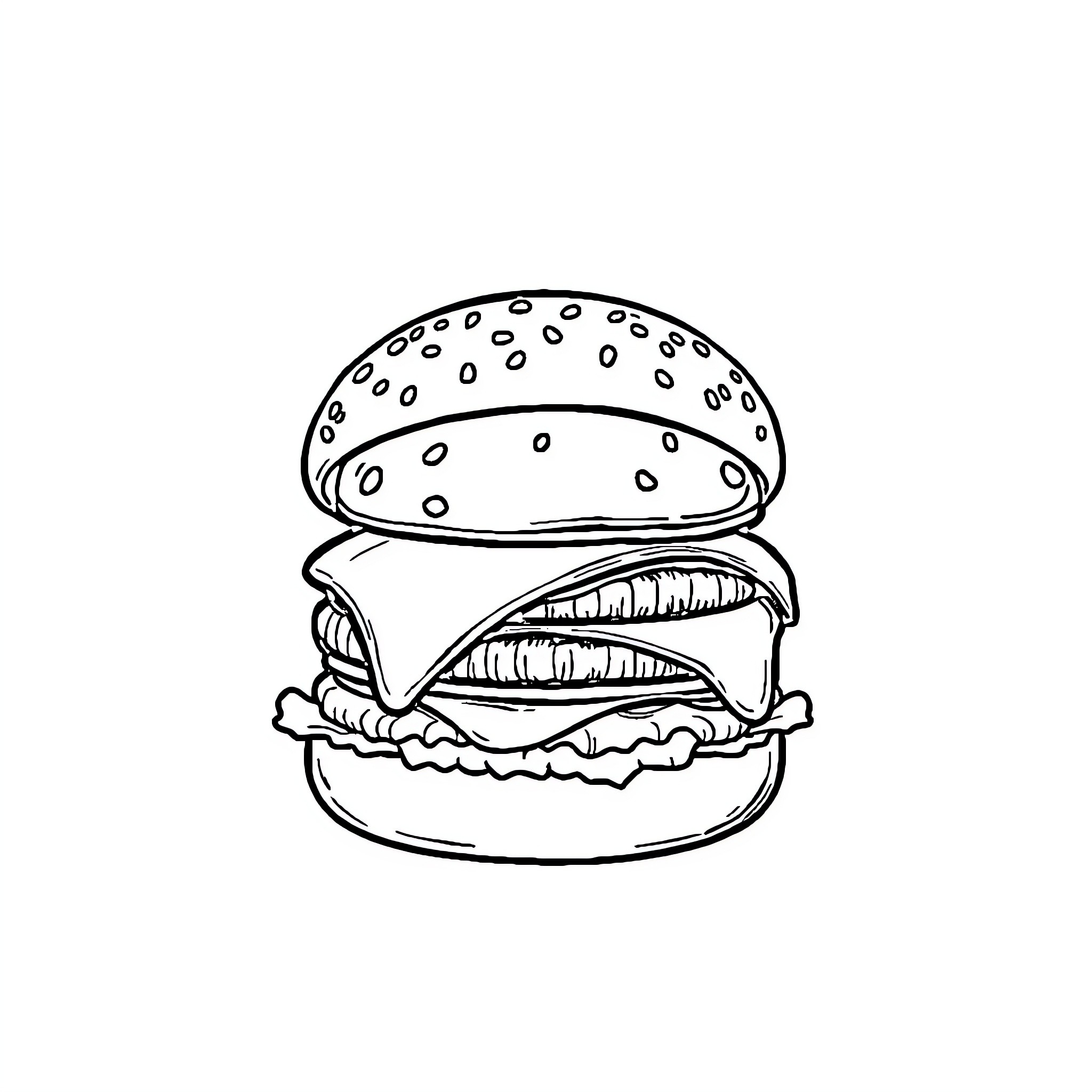 Burger with layered fillings and bun Coloring Page (free black-and-white line drawing printable PDF for all, from beginners to advanced learners, including children, teens, adults, and seniors)