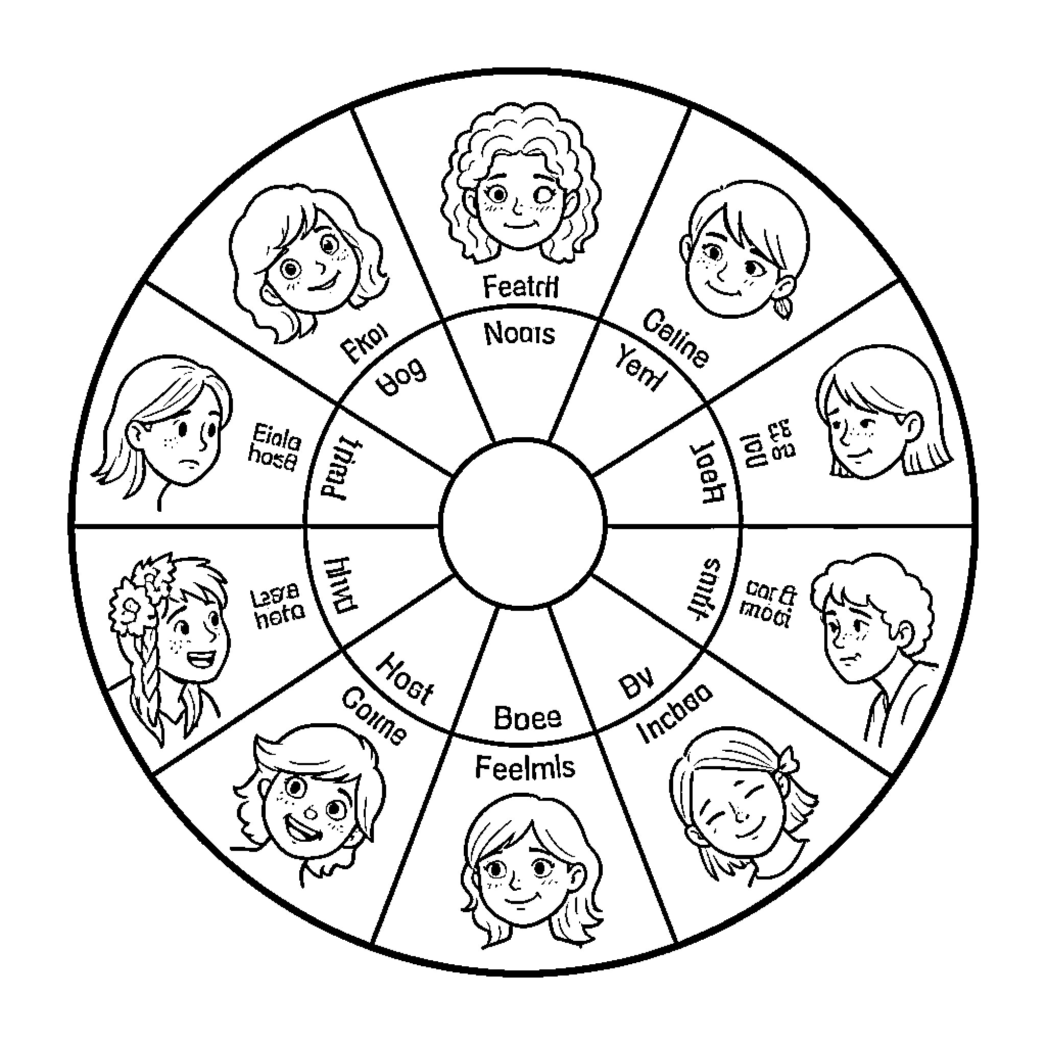 Emotion wheel showing various facial expressions of children Coloring Page (free black-and-white line drawing printable PDF for all, from beginners to advanced learners, including children, teens, adults, and seniors)