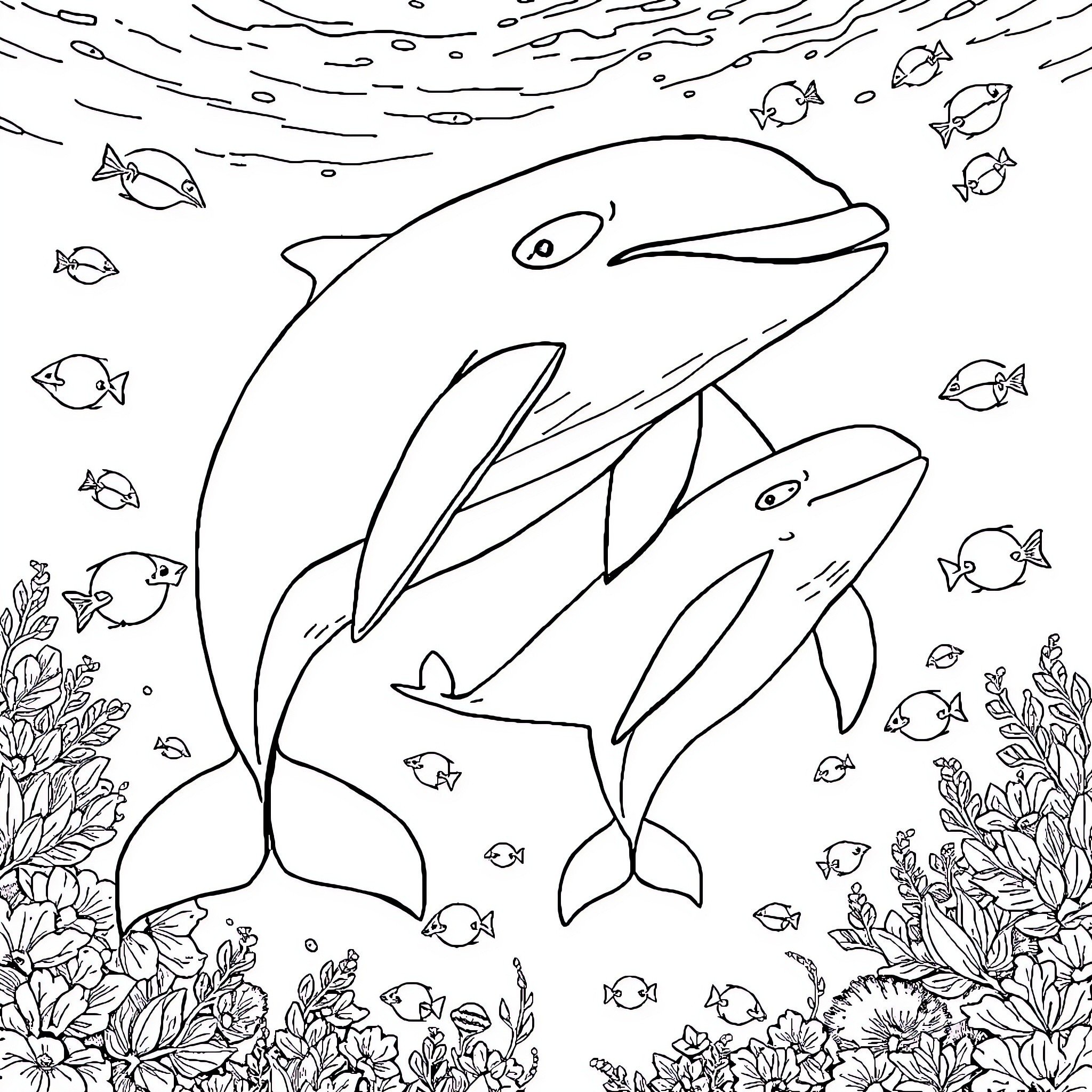 Whale and schools of fish in underwater scene Coloring Page (free black-and-white line drawing printable PDF for all, from beginners to advanced learners, including children, teens, adults, and seniors)