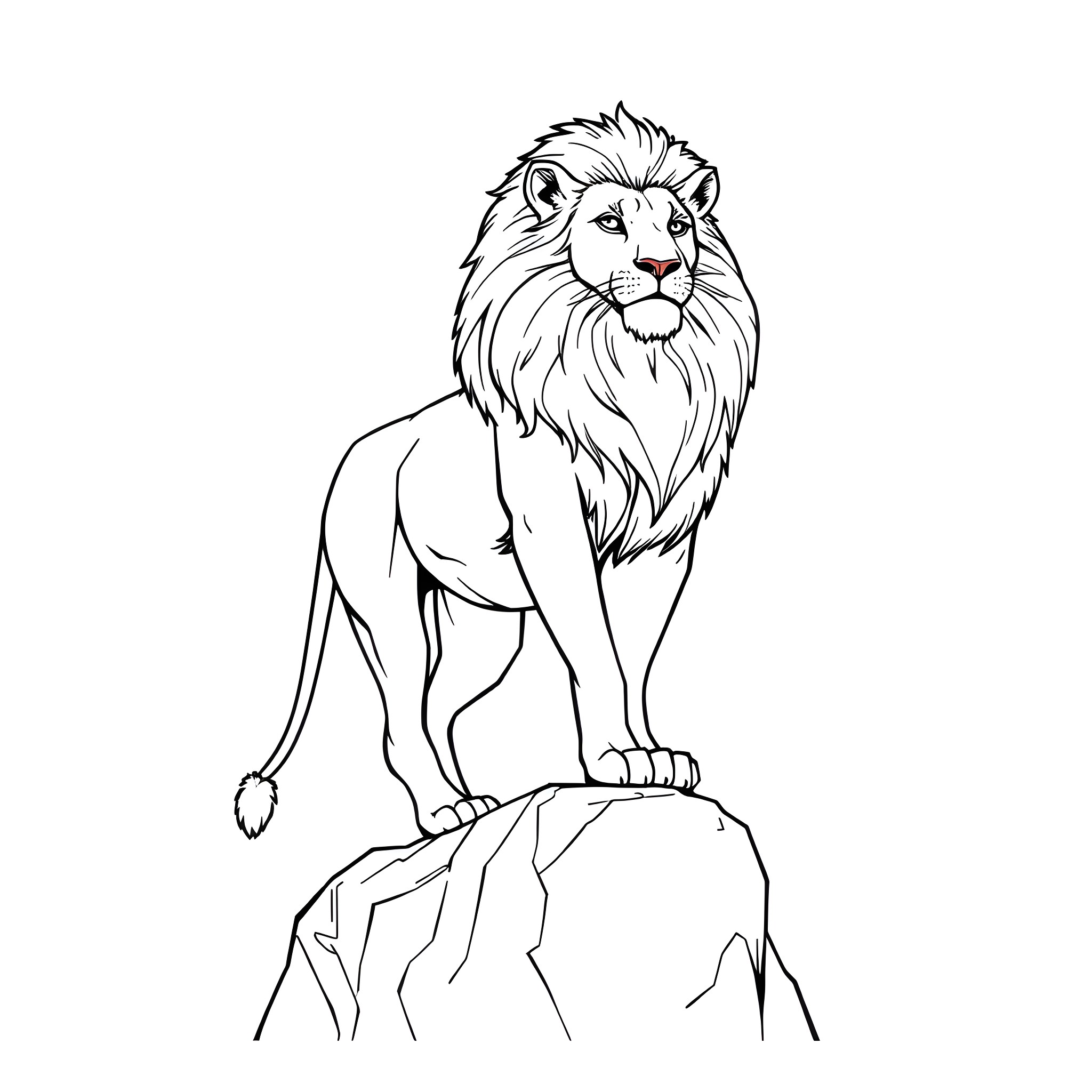 Lion standing proudly on a rocky outcrop Coloring Page (free black-and-white line drawing printable PDF for all, from beginners to advanced learners, including children, teens, adults, and seniors)