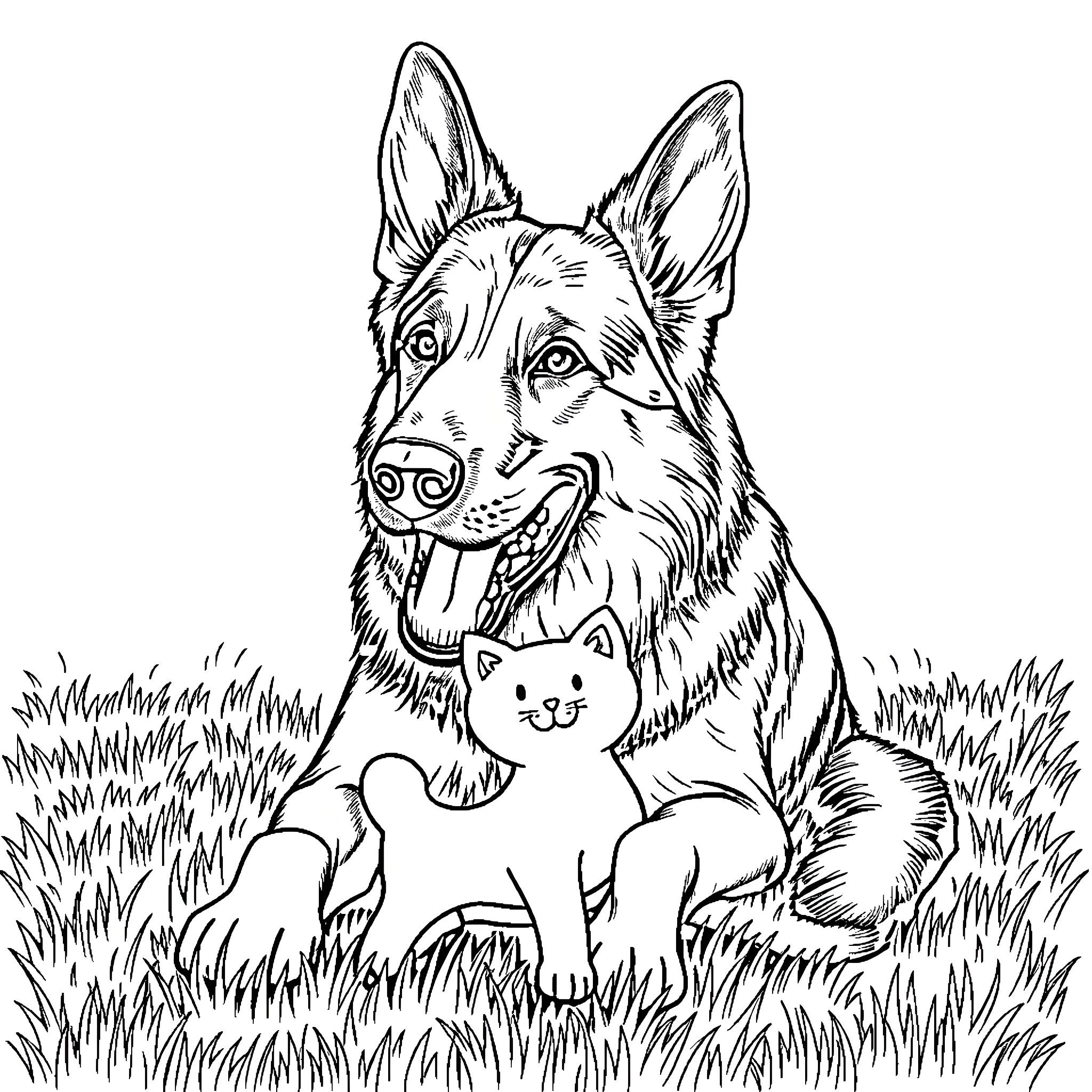 German Shepherd playing with a toy in the grass Coloring Page (free black-and-white line drawing printable PDF for all, from beginners to advanced learners, including children, teens, adults, and seniors)