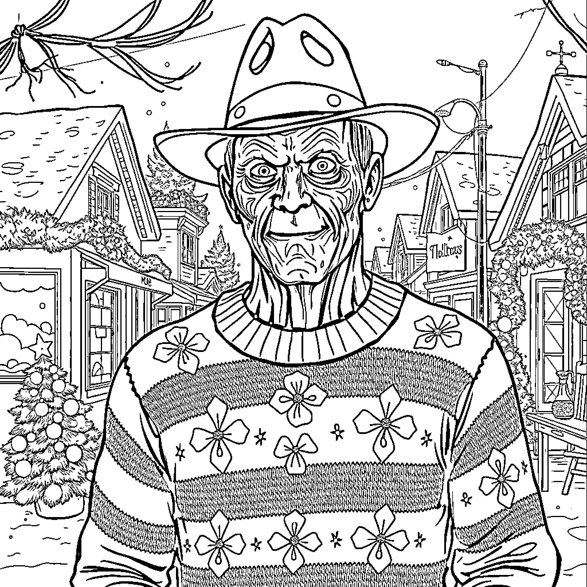 Freddy Kruger in a Whimsical Town Setting Coloring Page (free black-and-white line drawing printable PDF for all, from beginners to advanced learners, including children, teens, adults, and seniors)