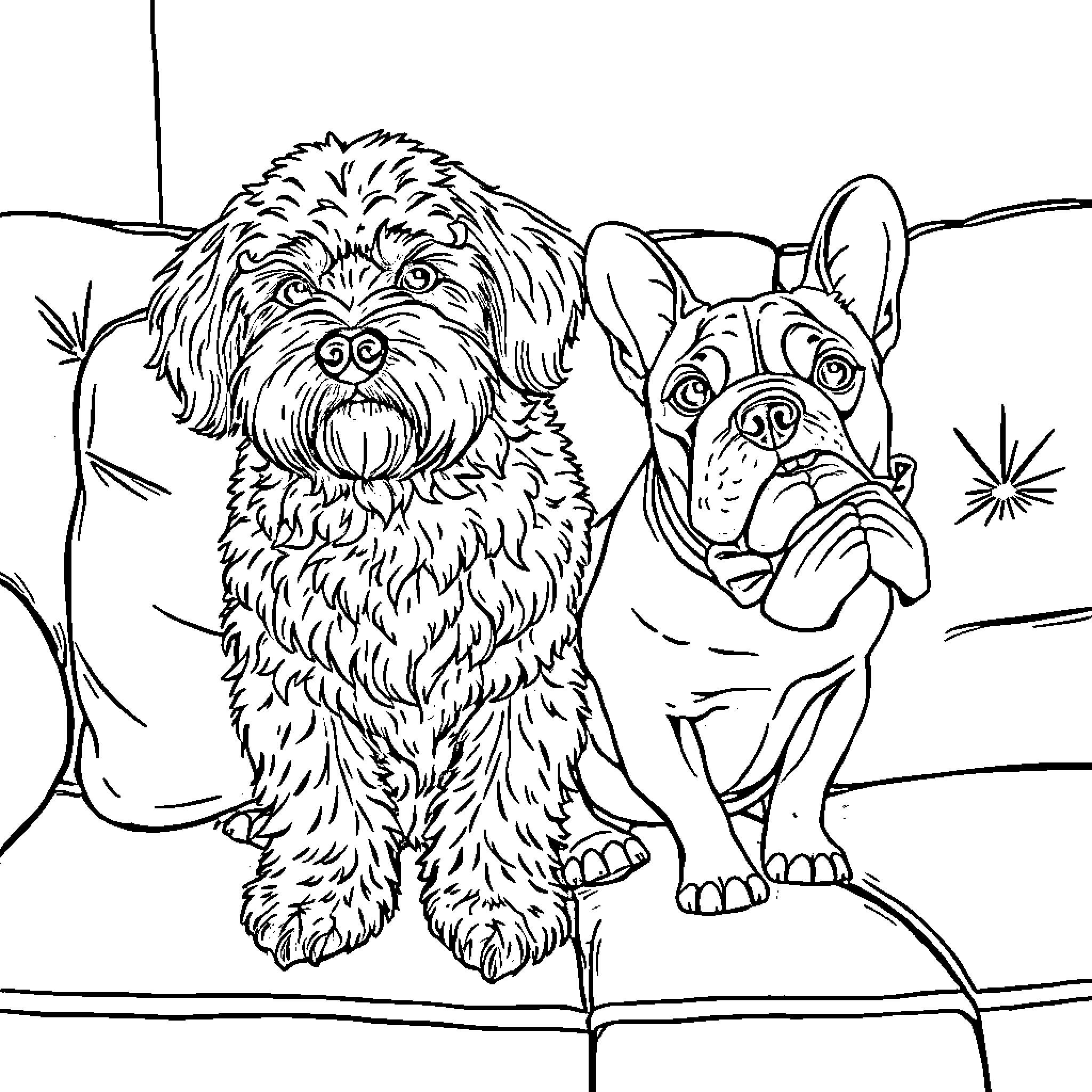 Dog friends playing together outdoors Coloring Page (free black-and-white line drawing printable PDF for all, from beginners to advanced learners, including children, teens, adults, and seniors)