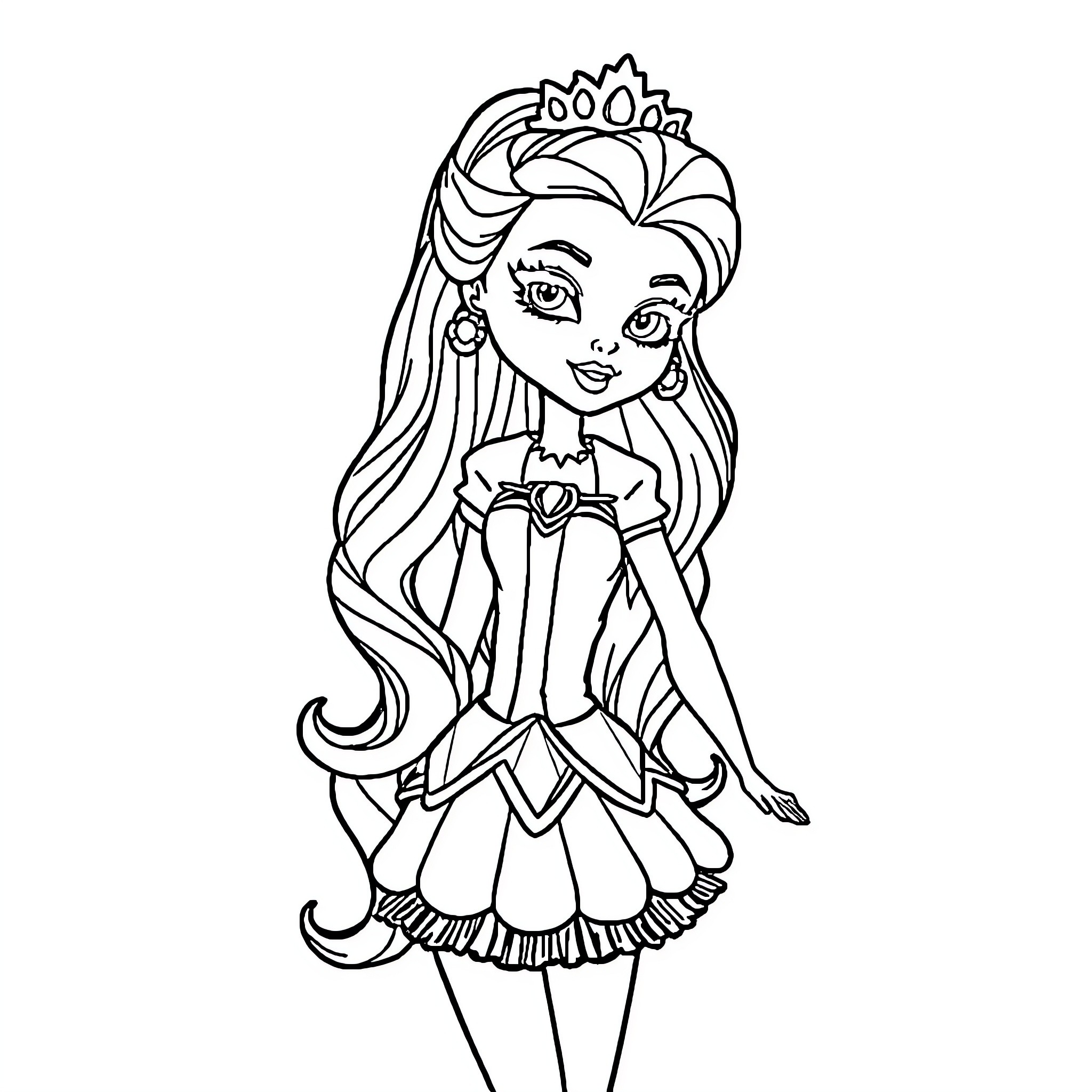 Belle in a Lovely Princess Dress Coloring Page (free black-and-white line drawing printable PDF for all, from beginners to advanced learners, including children, teens, adults, and seniors)