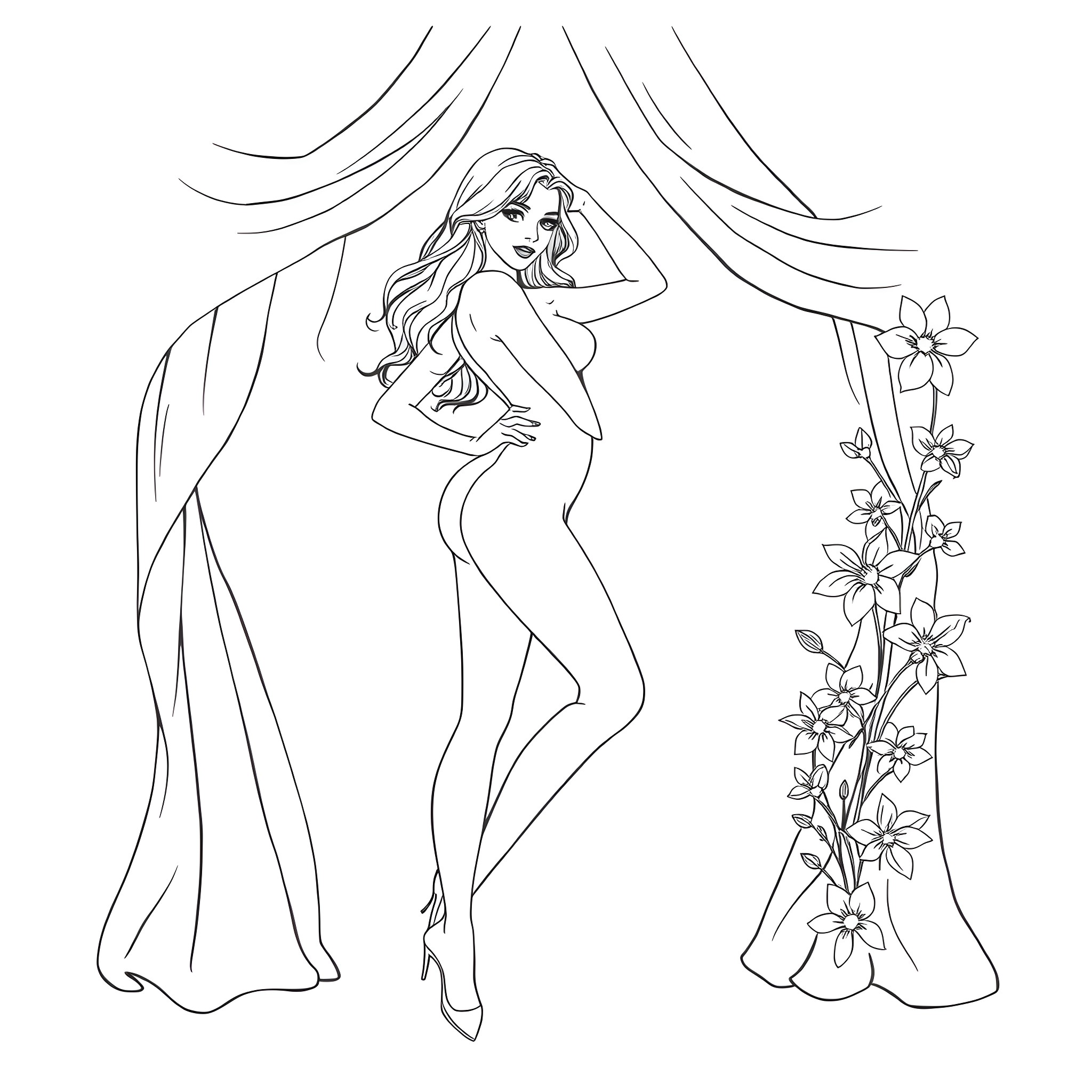 Babe posing gracefully in floral curtain setting Coloring Page (free black-and-white line drawing printable PDF for all, from beginners to advanced learners, including children, teens, adults, and seniors)